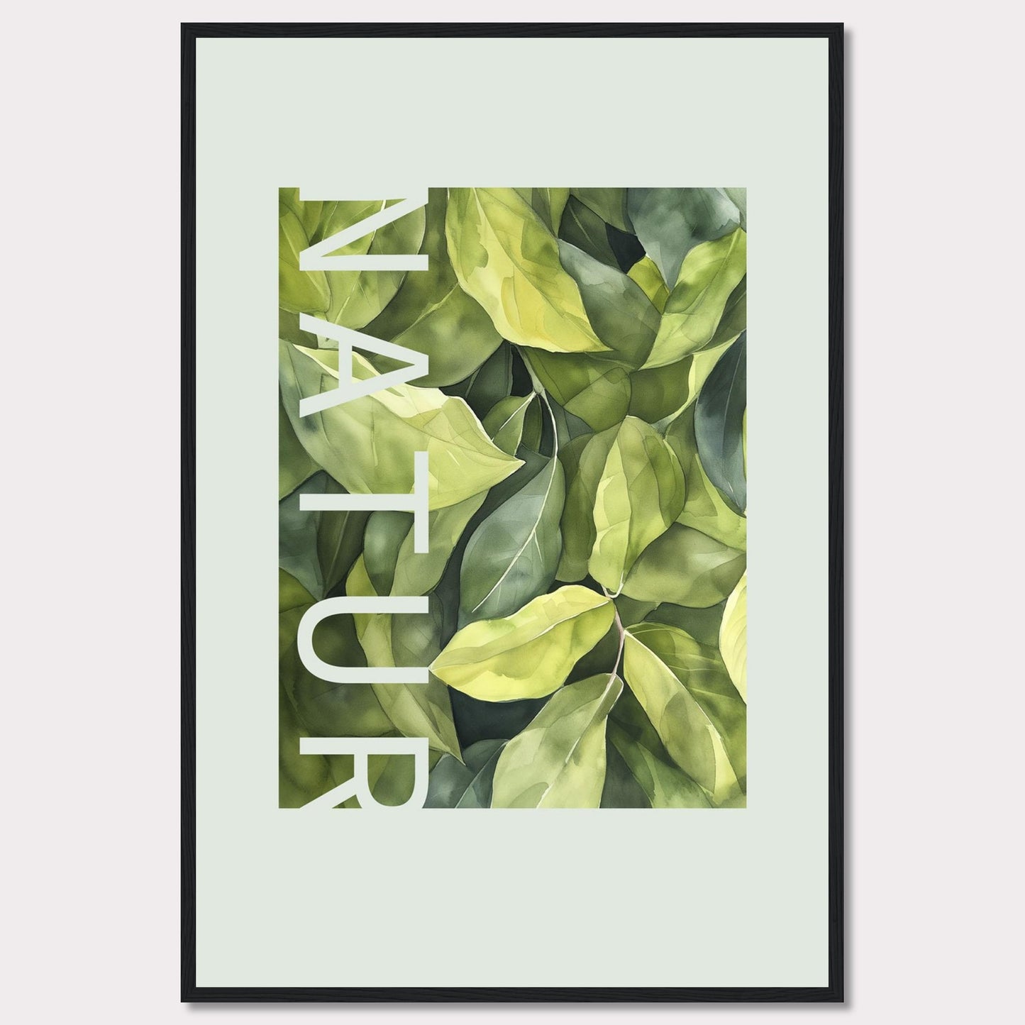 This beautiful framed artwork showcases a lush, green foliage design with the word "NATUR" elegantly integrated into the composition. The vibrant leaves create a refreshing and calming visual experience.