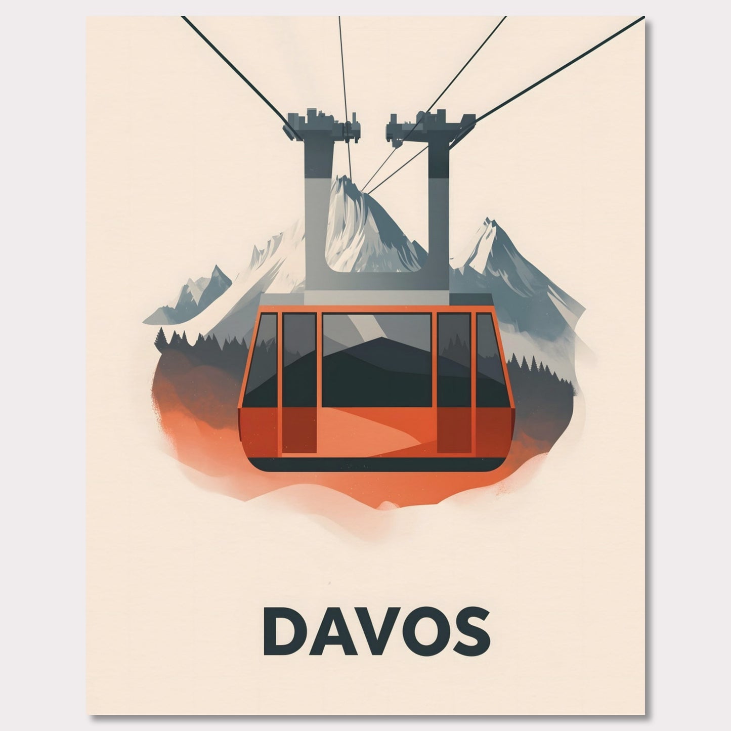 This striking travel poster showcases Davos, a world-renowned alpine destination, in a sleek and minimalist style. The stylized mountain peaks and crisp, modern aesthetic reflect the resort’s prestige as a hub for winter sports and elite gatherings. The cool tones and refined composition create a sense of sophistication and adventure.