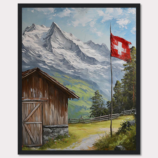 This image depicts a serene mountain scene with a rustic wooden cabin, a Swiss flag fluttering in the breeze, and majestic snow-capped peaks in the background. The lush greenery and clear blue sky add to the tranquil atmosphere.