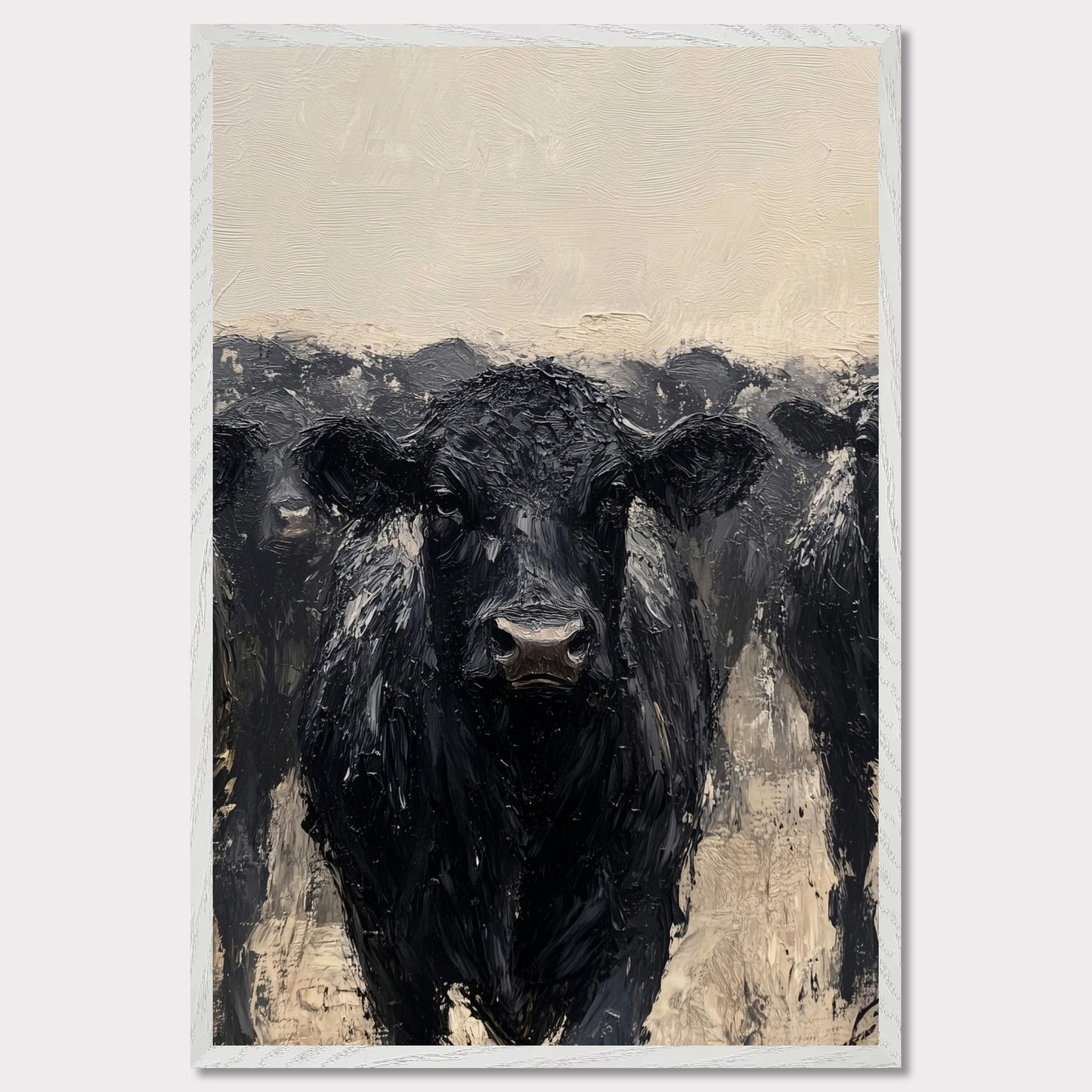 This striking painting captures the intense gaze of a black cow, surrounded by its herd. The textured brushstrokes and muted color palette create a powerful and captivating image.