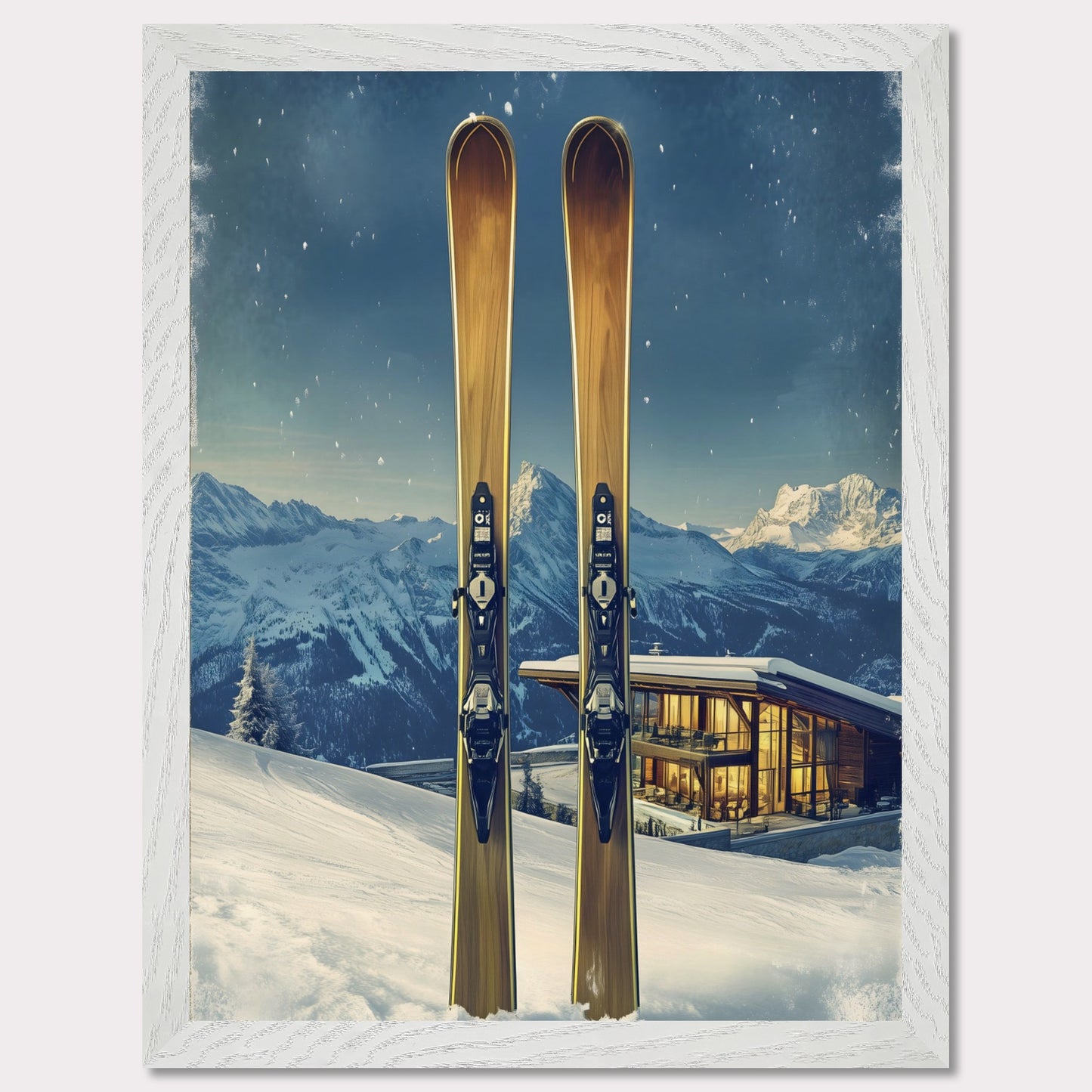 This elegant poster showcases the perfect blend of tradition and modernity in a snowy alpine escape. Two sleek skis stand proudly in the foreground, while a contemporary, glowing chalet nestled in the mountains provides a warm contrast to the frosty winter scene.