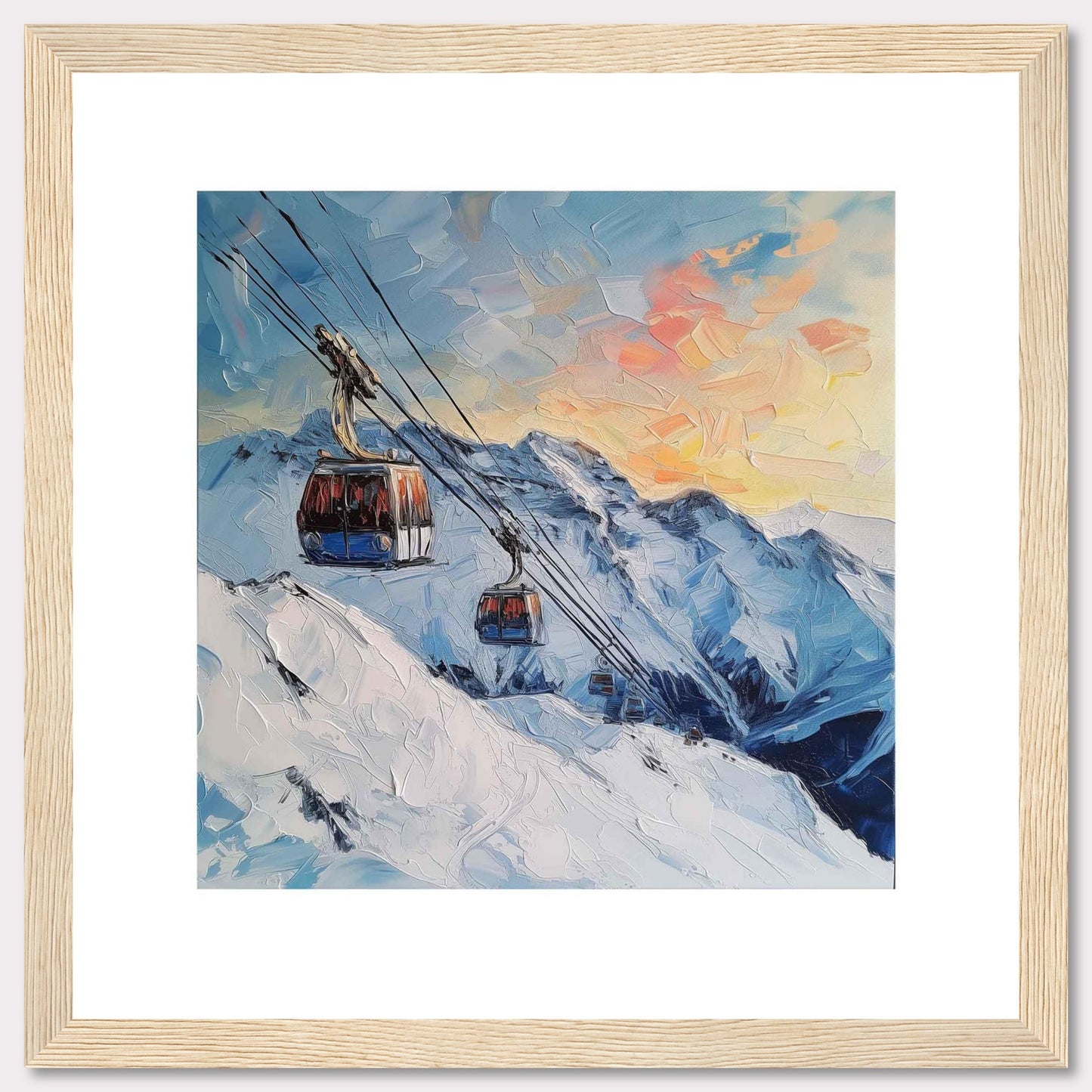 This stunning painting captures a picturesque mountain scene with two cable cars gliding over snowy peaks as the sun sets, casting a warm glow across the sky.