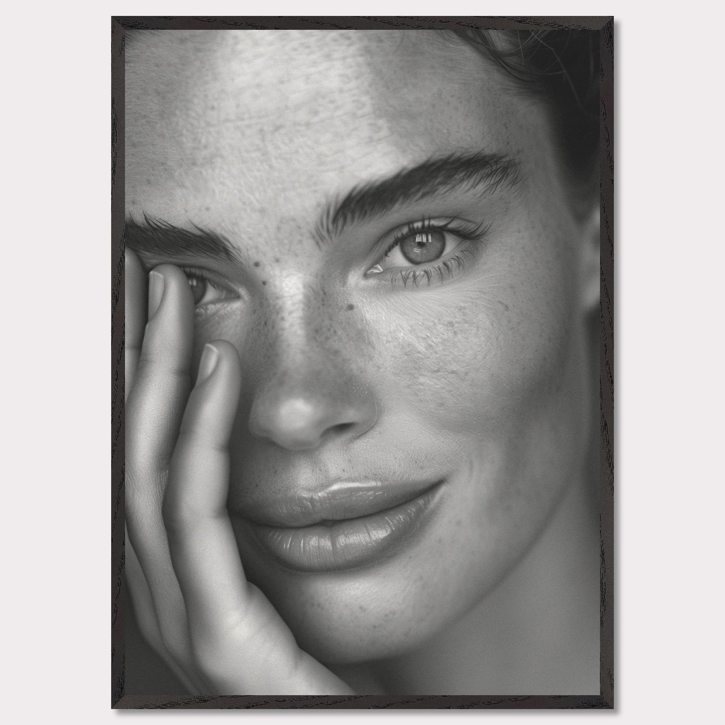 This striking black and white portrait captures the serene expression of a person with captivating eyes and natural freckles. The close-up shot highlights the texture of the skin and the subtle details of the face, creating an intimate and powerful image.