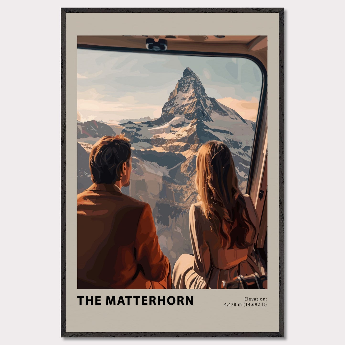 This image showcases a stunning view of the Matterhorn, with two individuals gazing at the majestic mountain from a window. The scene captures the awe-inspiring beauty of the snow-capped peak under a serene sky.