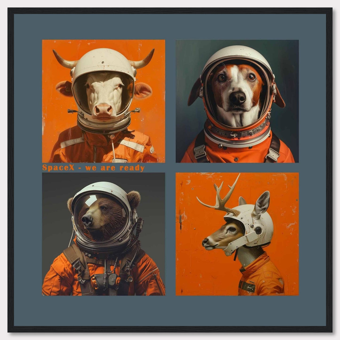 This whimsical artwork features four animals dressed as astronauts, ready for a space adventure. The animals include a cow, a dog, a bear, and a deer, each wearing an orange space suit and helmet. The text "SpaceX - we are ready" adds a playful touch to the image.