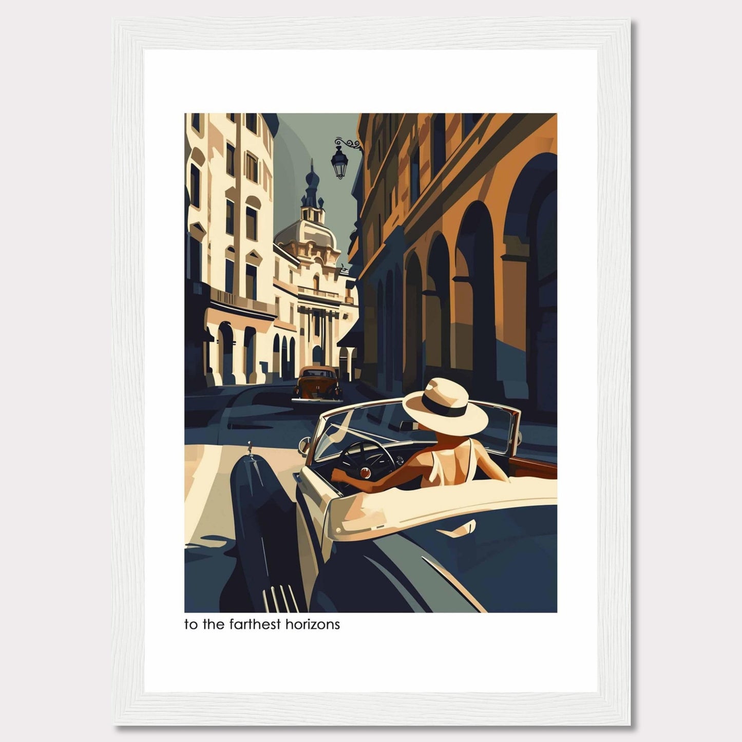 This captivating artwork depicts a stylish individual driving a vintage car through a charming, sunlit European street. The scene is filled with architectural beauty, showcasing classic buildings and a serene atmosphere.