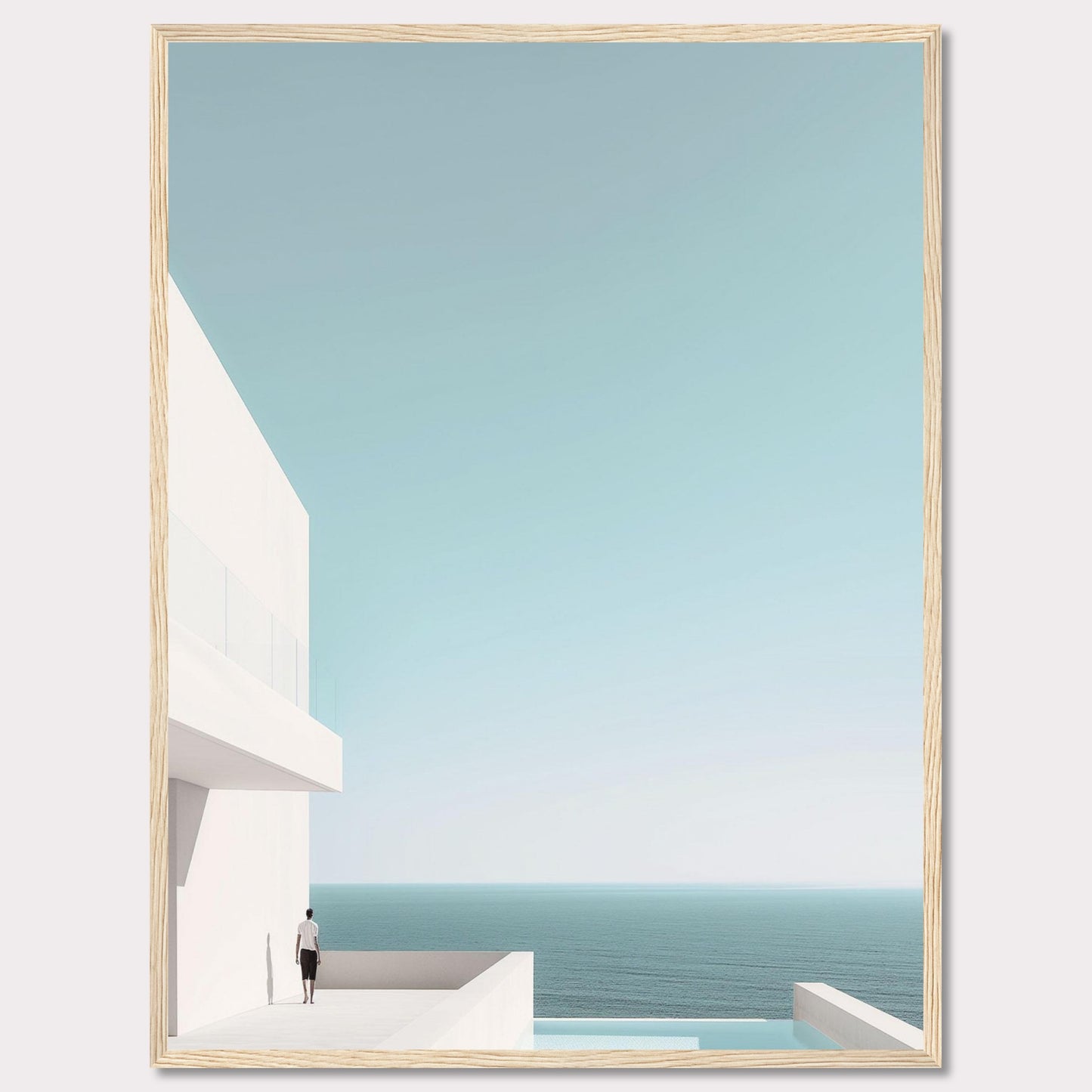 This serene image captures a minimalist coastal scene featuring a modern white building overlooking the tranquil ocean. A solitary figure stands on a balcony, gazing out at the expansive sea and clear sky. The composition exudes calmness and simplicity, inviting viewers to embrace a moment of peaceful reflection.