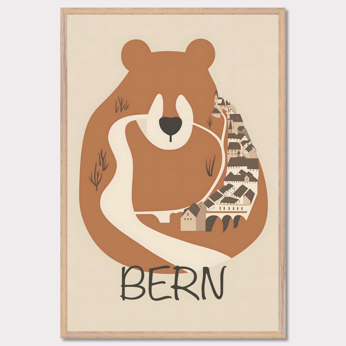 This charming poster features a stylized depiction of Bern, Switzerland, where the iconic bear—symbol of the city—seamlessly merges with the winding streets and historic architecture. The earthy tones and minimalist design evoke a sense of warmth and tradition, reflecting the city's rich history and natural surroundings.