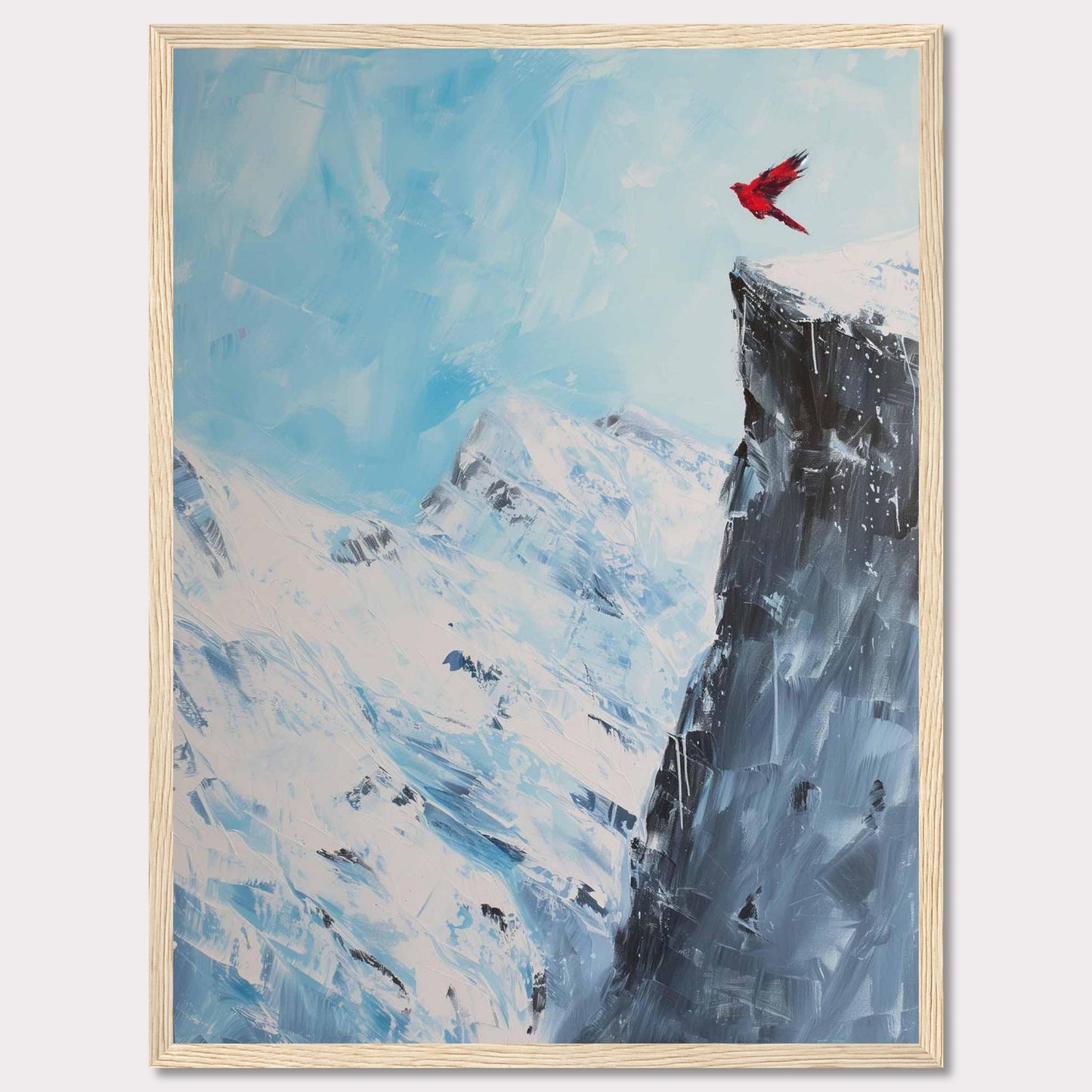 This stunning artwork captures a vibrant red bird soaring above a majestic snow-covered mountain peak, set against a serene blue sky. The contrast between the vivid bird and the icy landscape creates a striking visual impact.