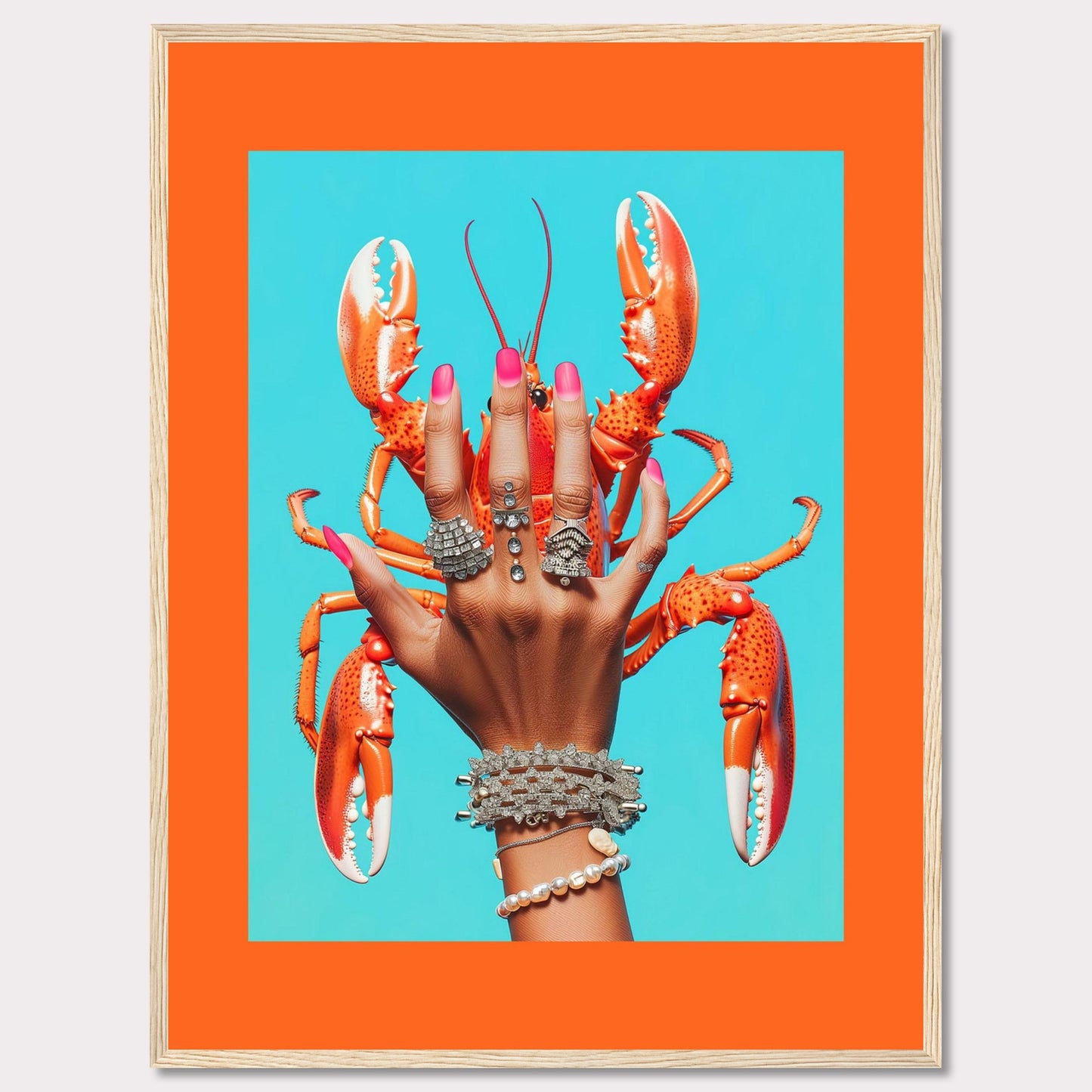 This vibrant and quirky artwork features a hand adorned with luxurious rings and bracelets, holding a bright orange lobster against a vivid blue background. The contrast between the bold colors and the intricate jewelry creates a striking visual impact.