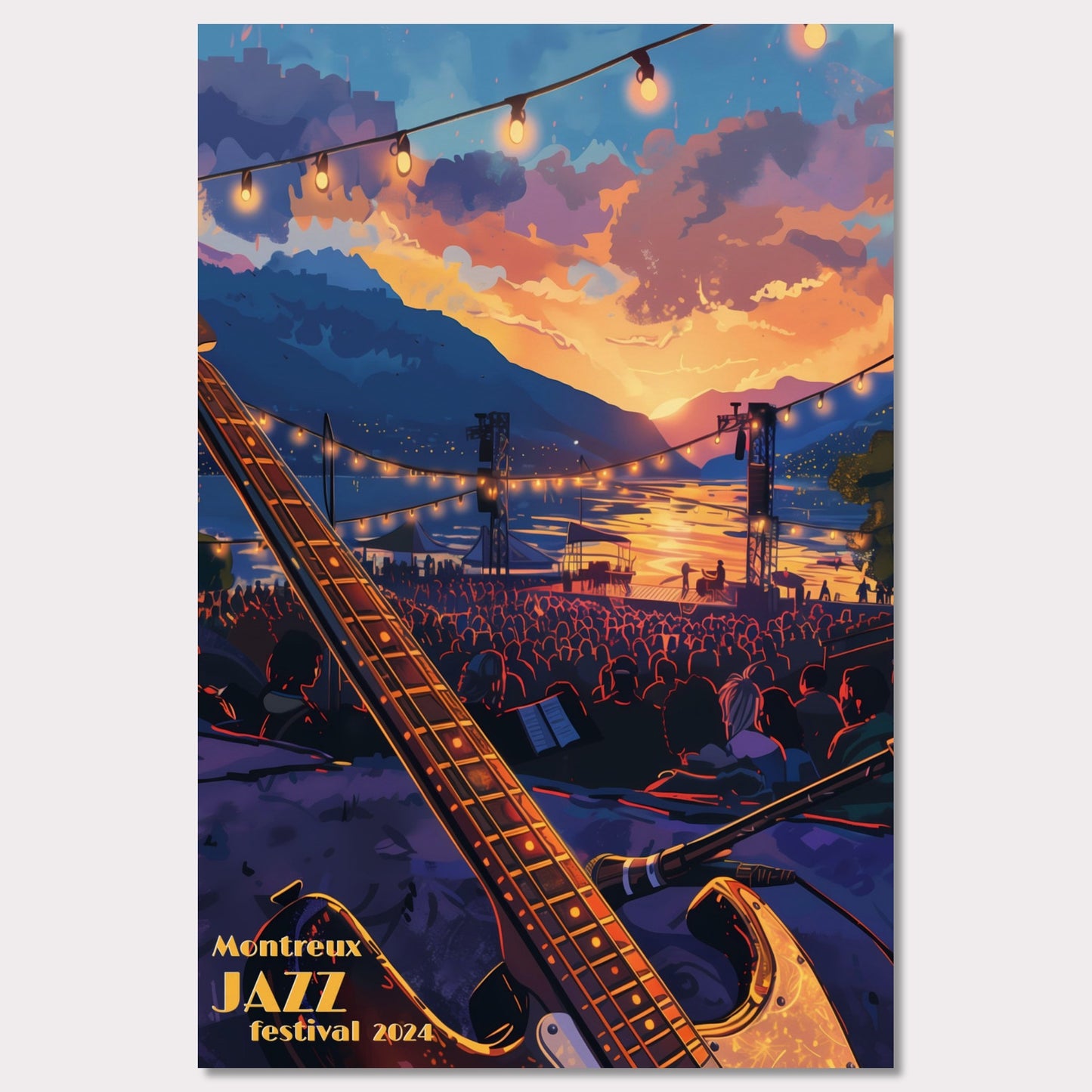 This vibrant poster captures the essence of the Montreux Jazz Festival 2024. Set against a breathtaking sunset over a serene lake, the scene is filled with an audience eagerly awaiting the performance. An electric guitar in the foreground hints at the musical magic to come, while string lights add a festive ambiance.