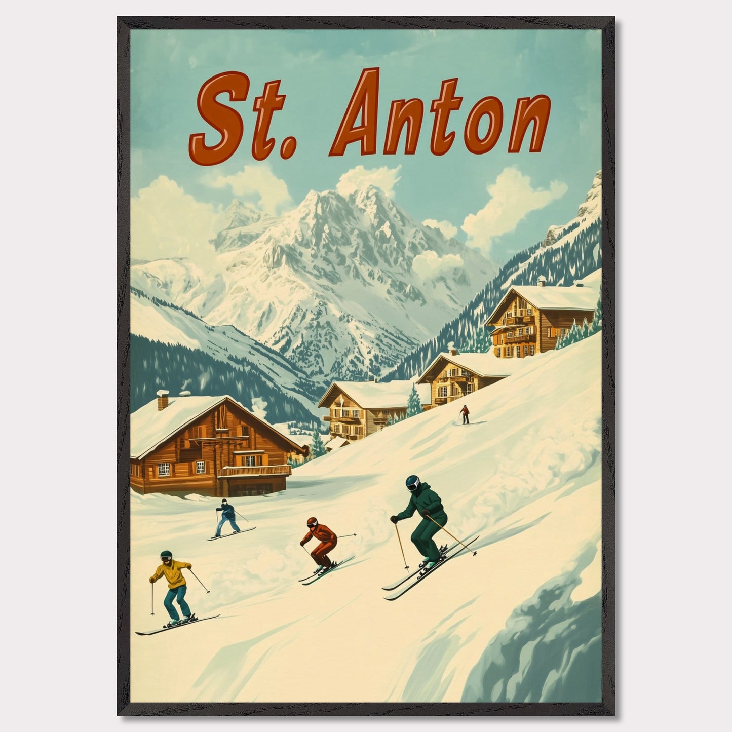 This vibrant retro-style poster captures the thrilling energy of skiing in St. Anton. The scene depicts skiers carving down the slopes, with picturesque alpine chalets nestled in the snow-covered hills and the majestic mountains towering in the background. The warm tones of the sky and the clean, crisp snow evoke the exhilarating experience of a winter sports haven. The bold retro typography adds a touch of nostalgia, perfectly highlighting the charm and adventure of St. Anton.