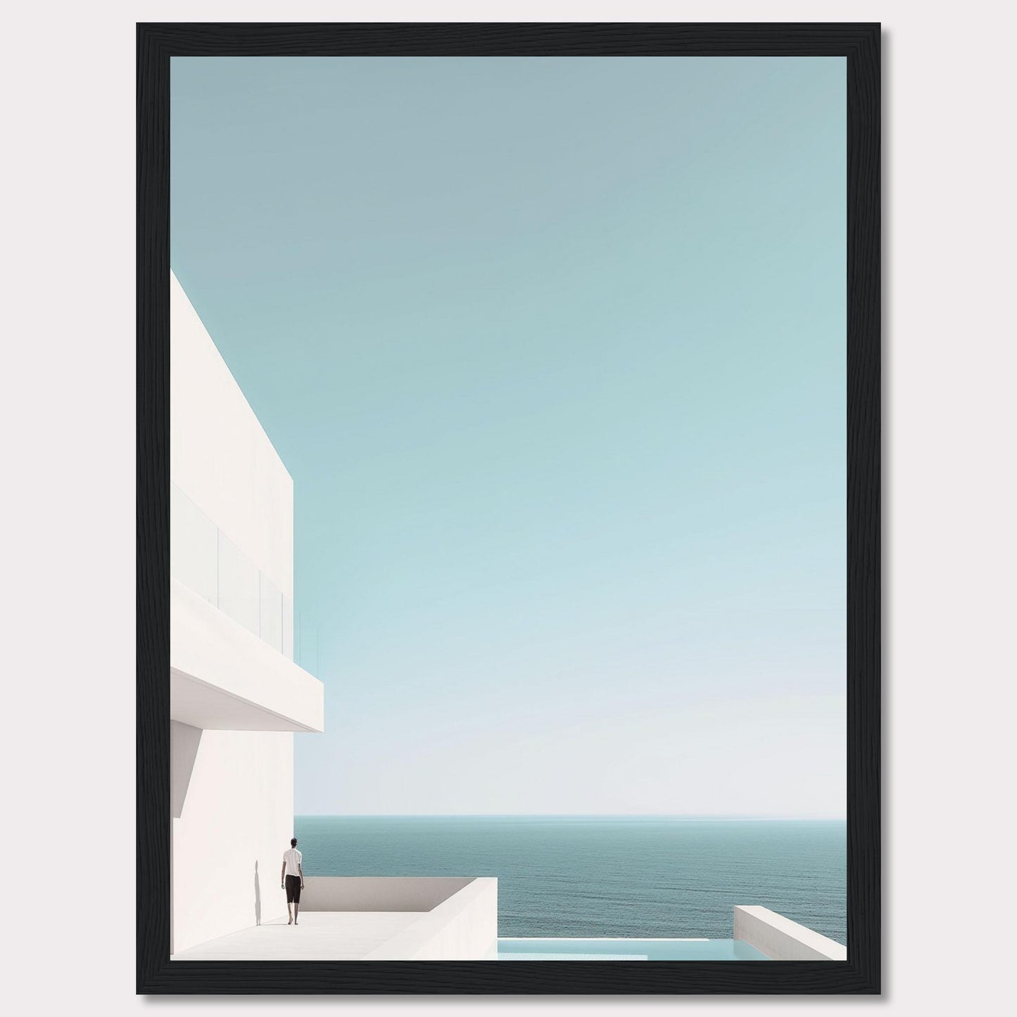 This serene image captures a minimalist coastal scene featuring a modern white building overlooking the tranquil ocean. A solitary figure stands on a balcony, gazing out at the expansive sea and clear sky. The composition exudes calmness and simplicity, inviting viewers to embrace a moment of peaceful reflection.