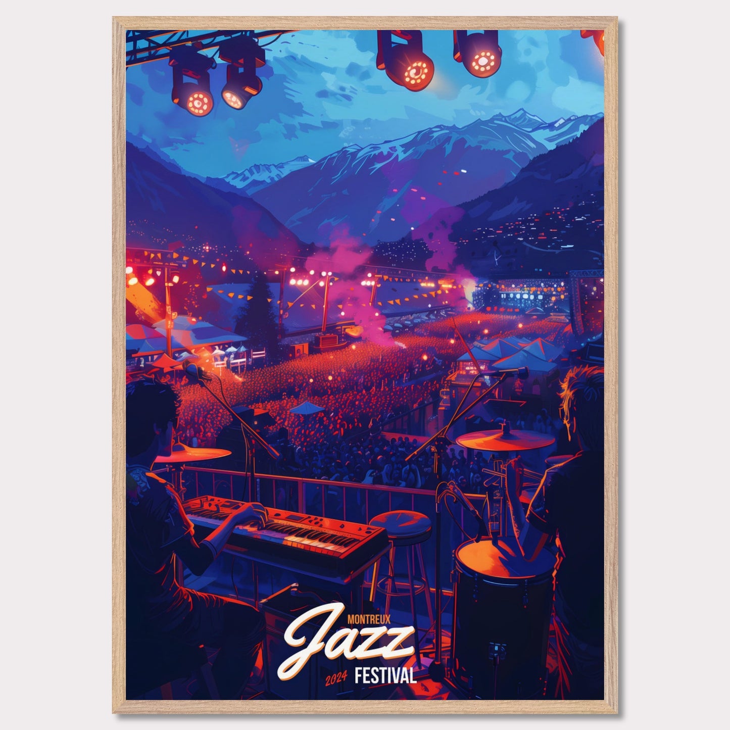 Experience the magic of the Montreux Jazz Festival 2024! This vibrant poster captures the essence of a live performance with a stunning mountain backdrop, colorful stage lights, and an enthusiastic crowd. Feel the rhythm, join the celebration, and be part of this unforgettable musical journey!