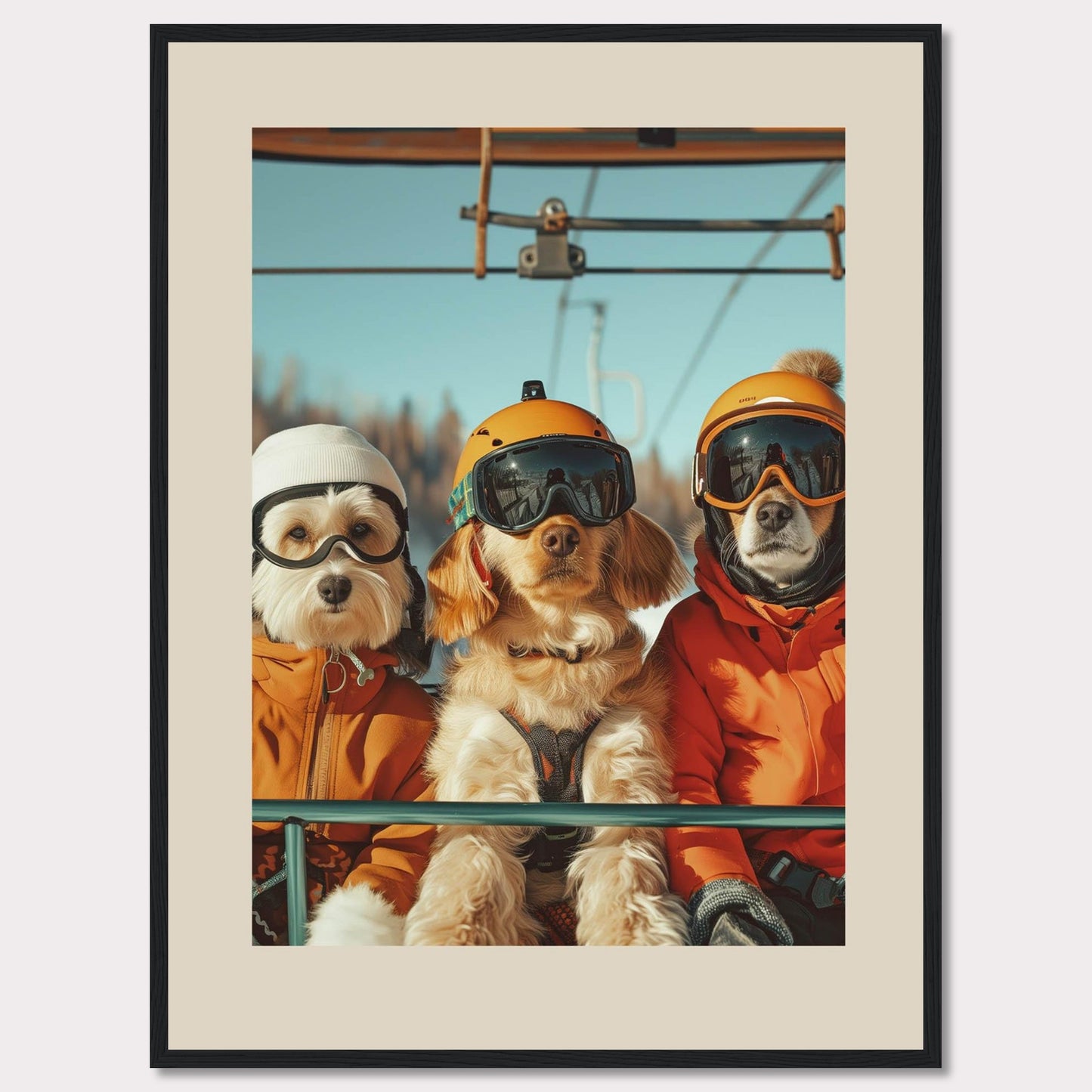 This charming photo features three adorable dogs dressed in winter gear, complete with helmets and goggles, enjoying a ride on a ski lift. The bright blue sky and snowy background add to the fun and adventurous atmosphere.