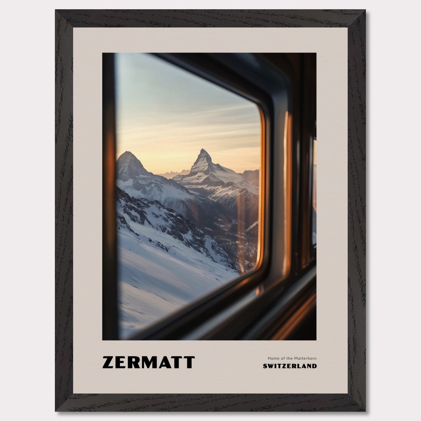 This poster features one of Switzerland’s most iconic symbols – the Matterhorn, proudly rising above the snowy slopes. The view from a train or gondola window creates a travel-like experience, while the soft sunset light adds an enchanting glow to the scenery.