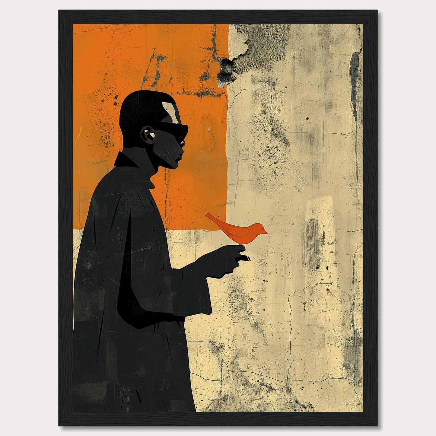 This striking artwork features a silhouette of a person holding a vibrant orange bird against a textured, abstract background. The contrast between the dark figure and the bright bird creates a powerful visual impact.