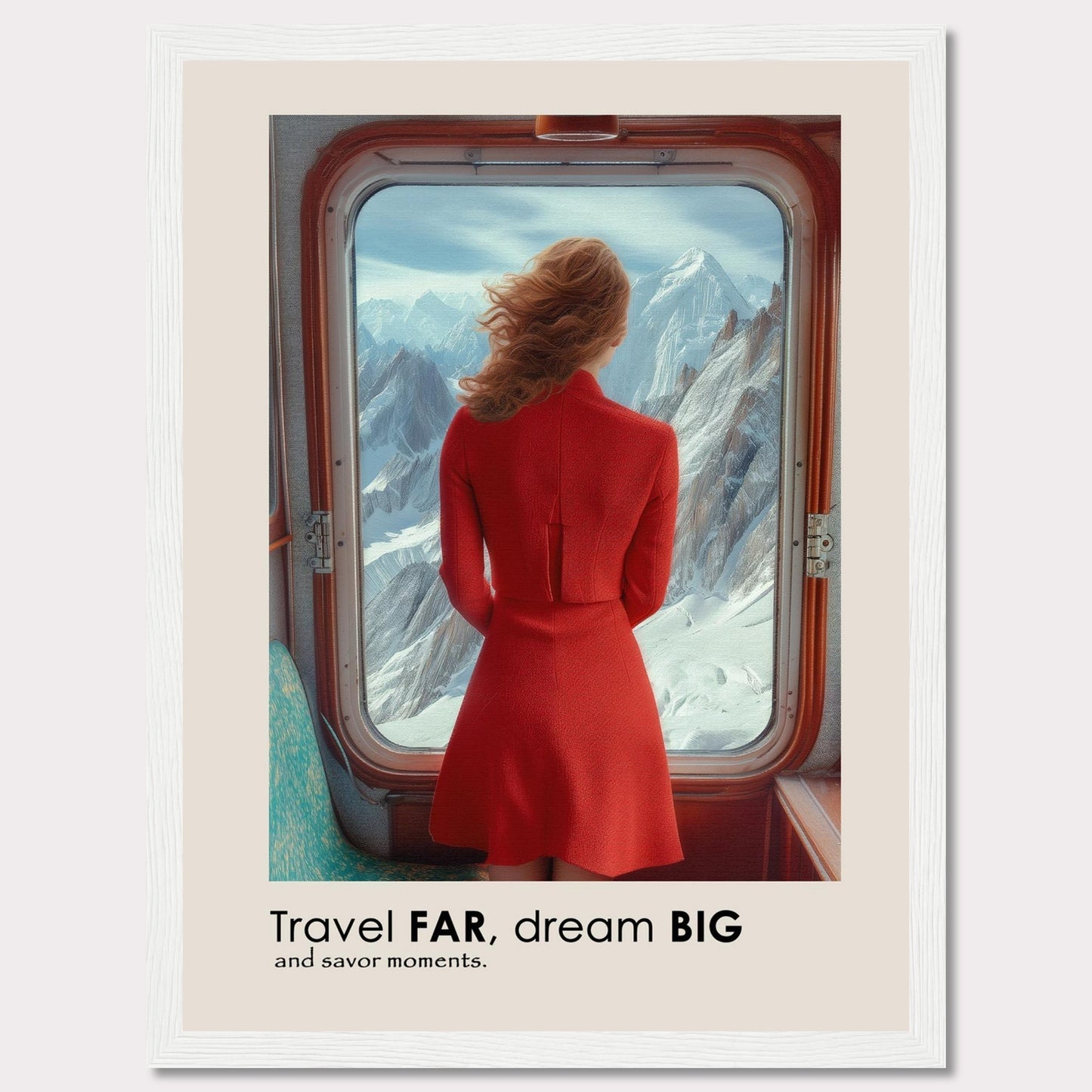 A woman in a red dress gazes out of a train window at majestic snow-covered mountains.