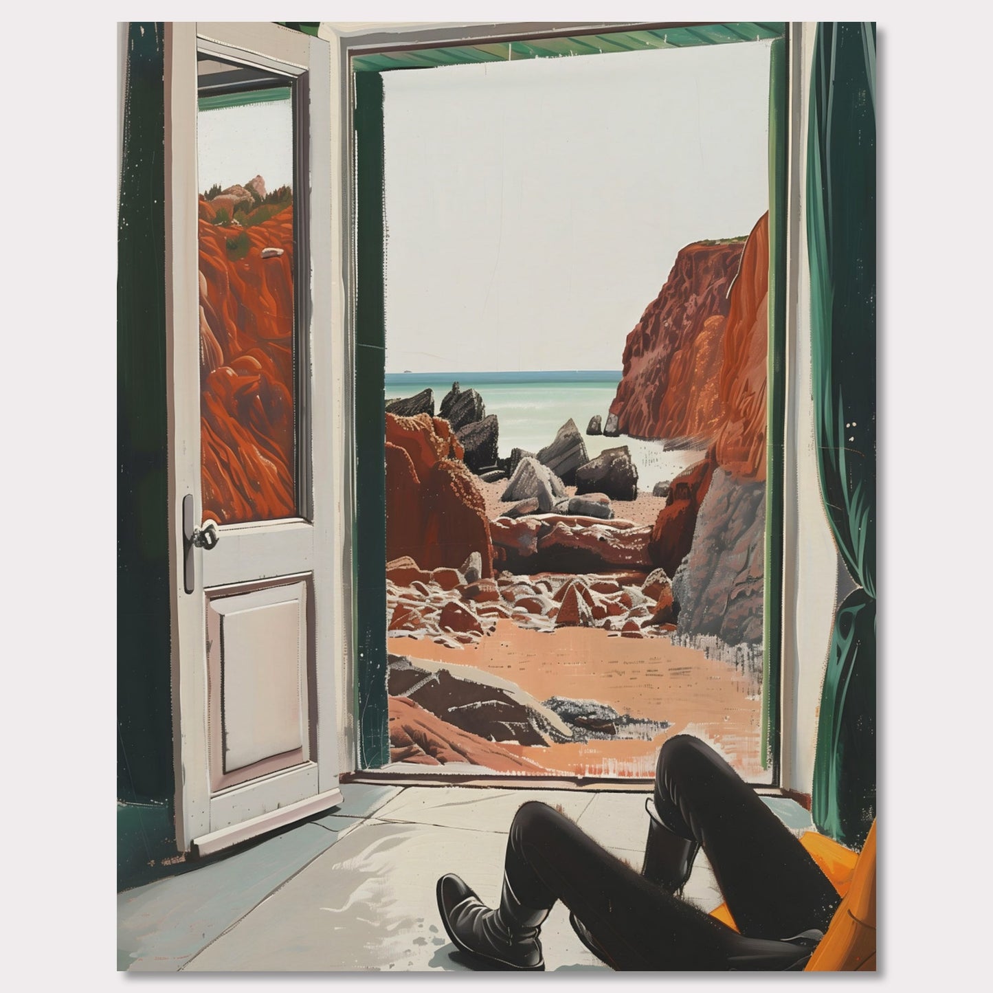 This image captures a serene view of a rocky beach through an open door. The scene is framed by the interior of a room where a person is seated, legs stretched out, possibly relaxing and enjoying the view.