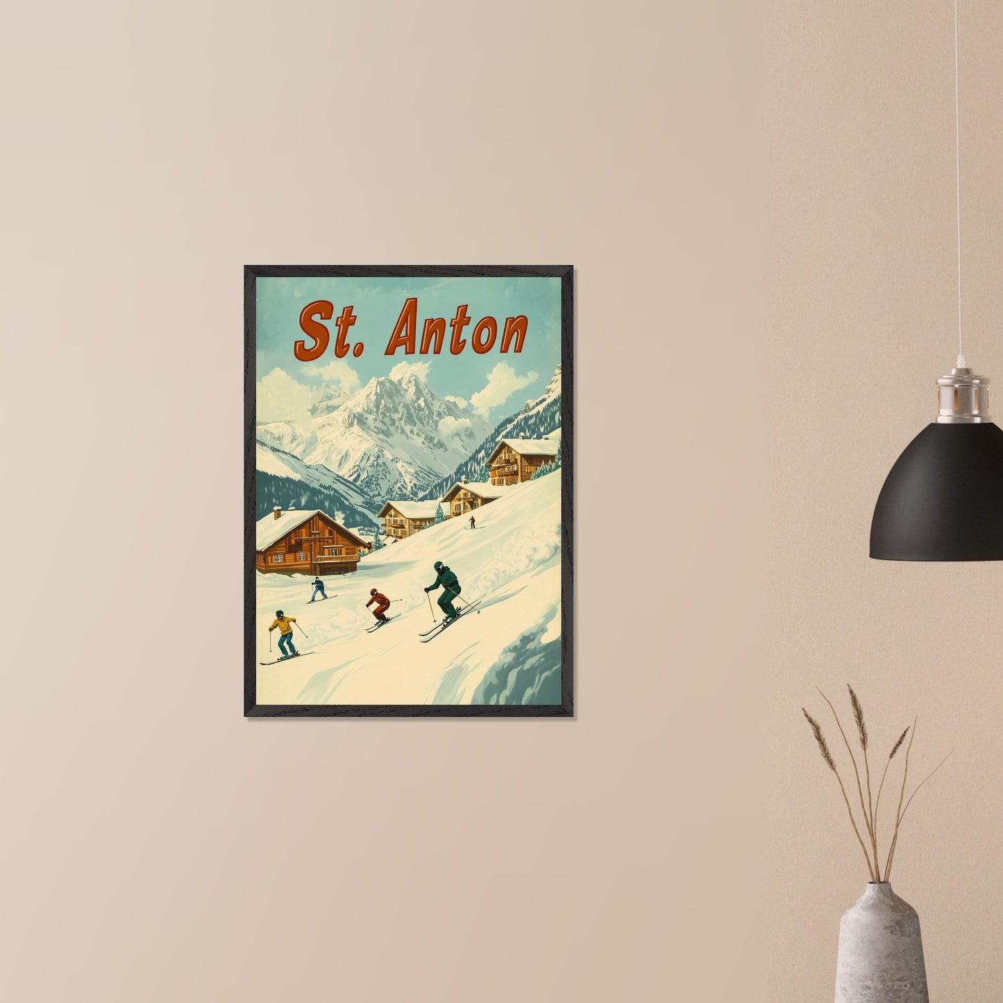 This vibrant retro-style poster captures the thrilling energy of skiing in St. Anton. The scene depicts skiers carving down the slopes, with picturesque alpine chalets nestled in the snow-covered hills and the majestic mountains towering in the background. The warm tones of the sky and the clean, crisp snow evoke the exhilarating experience of a winter sports haven. The bold retro typography adds a touch of nostalgia, perfectly highlighting the charm and adventure of St. Anton.