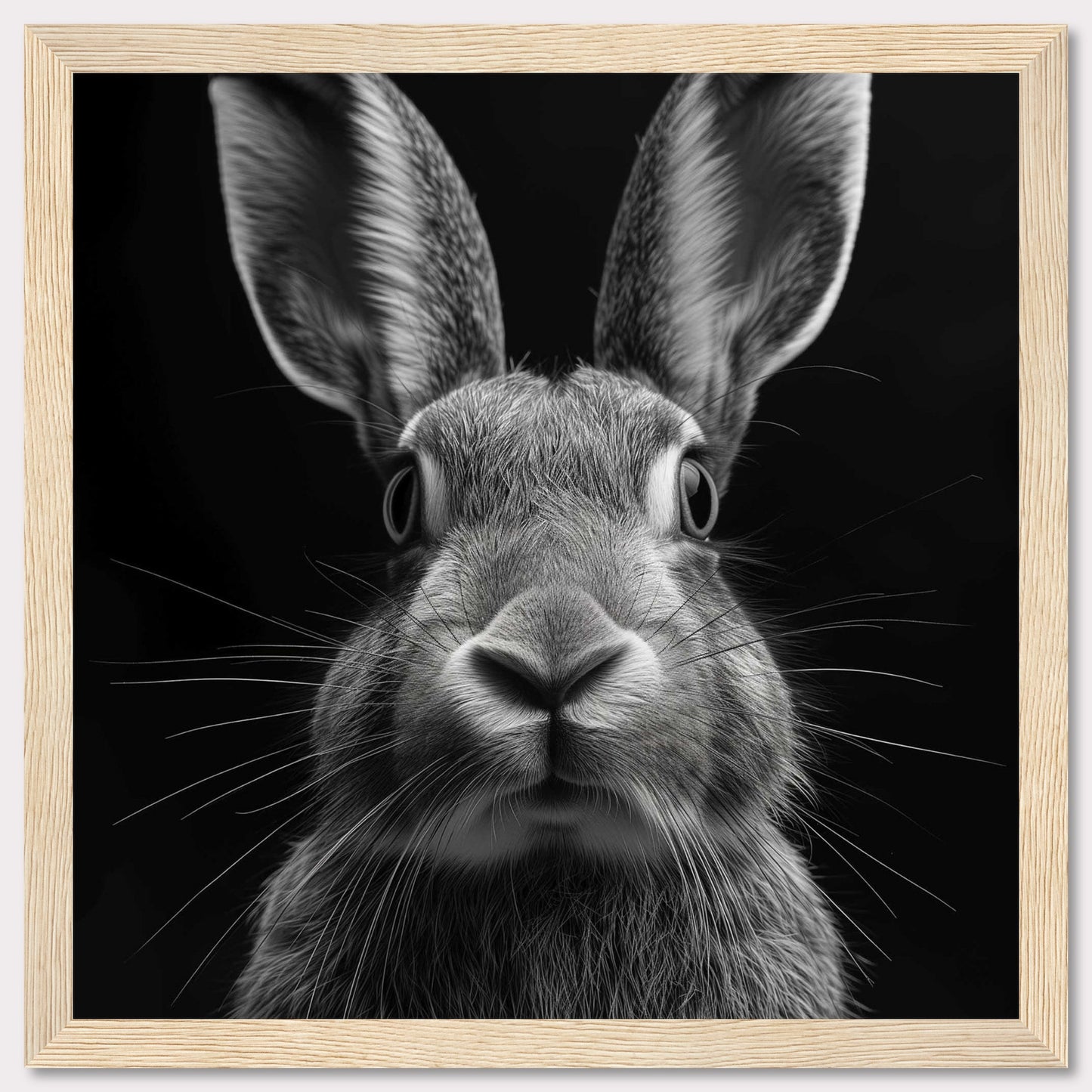 This striking black and white photograph captures a close-up of a rabbit, highlighting its expressive eyes, soft fur, and long whiskers. The image's focus on the rabbit's face creates an intimate and captivating portrait.