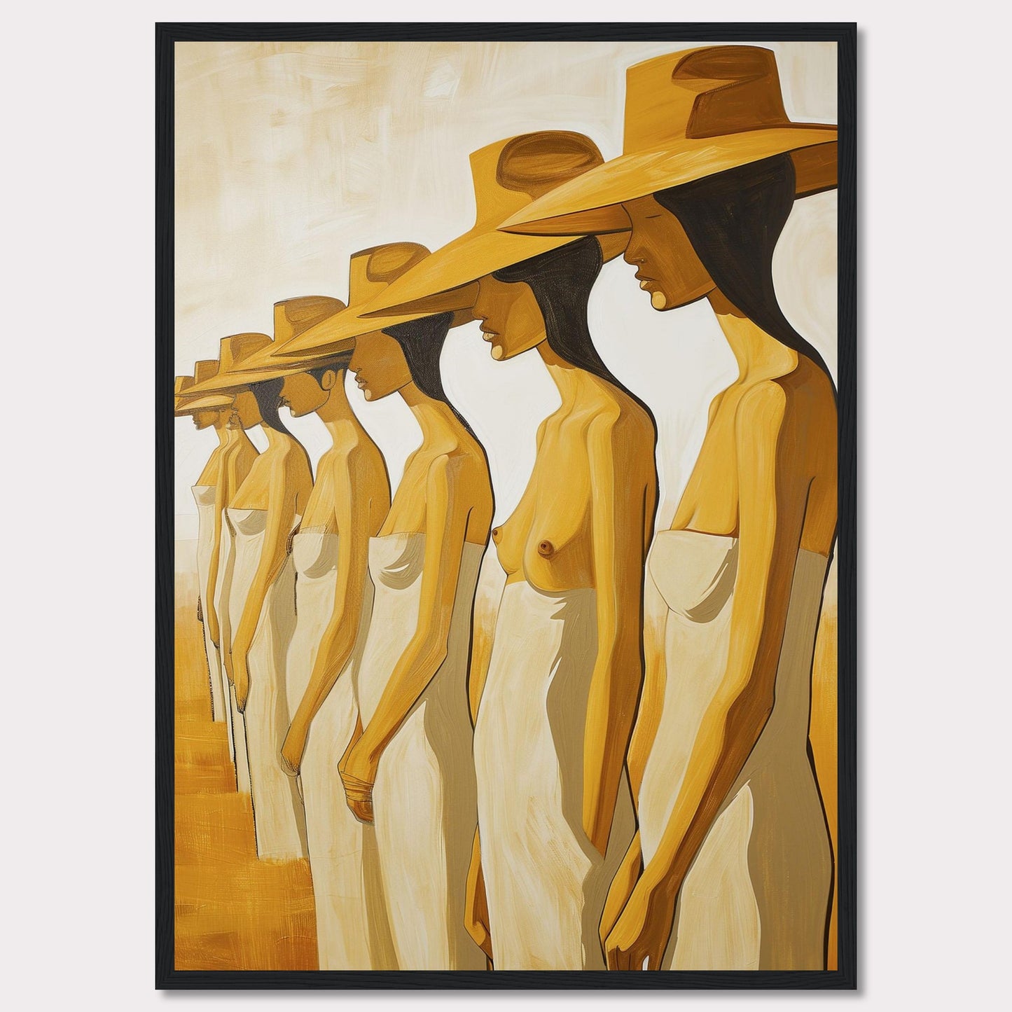 This striking artwork features a row of women standing in profile, each wearing a large hat and draped in a simple cloth. The painting captures a sense of unity and individuality through its minimalist style and warm color palette.