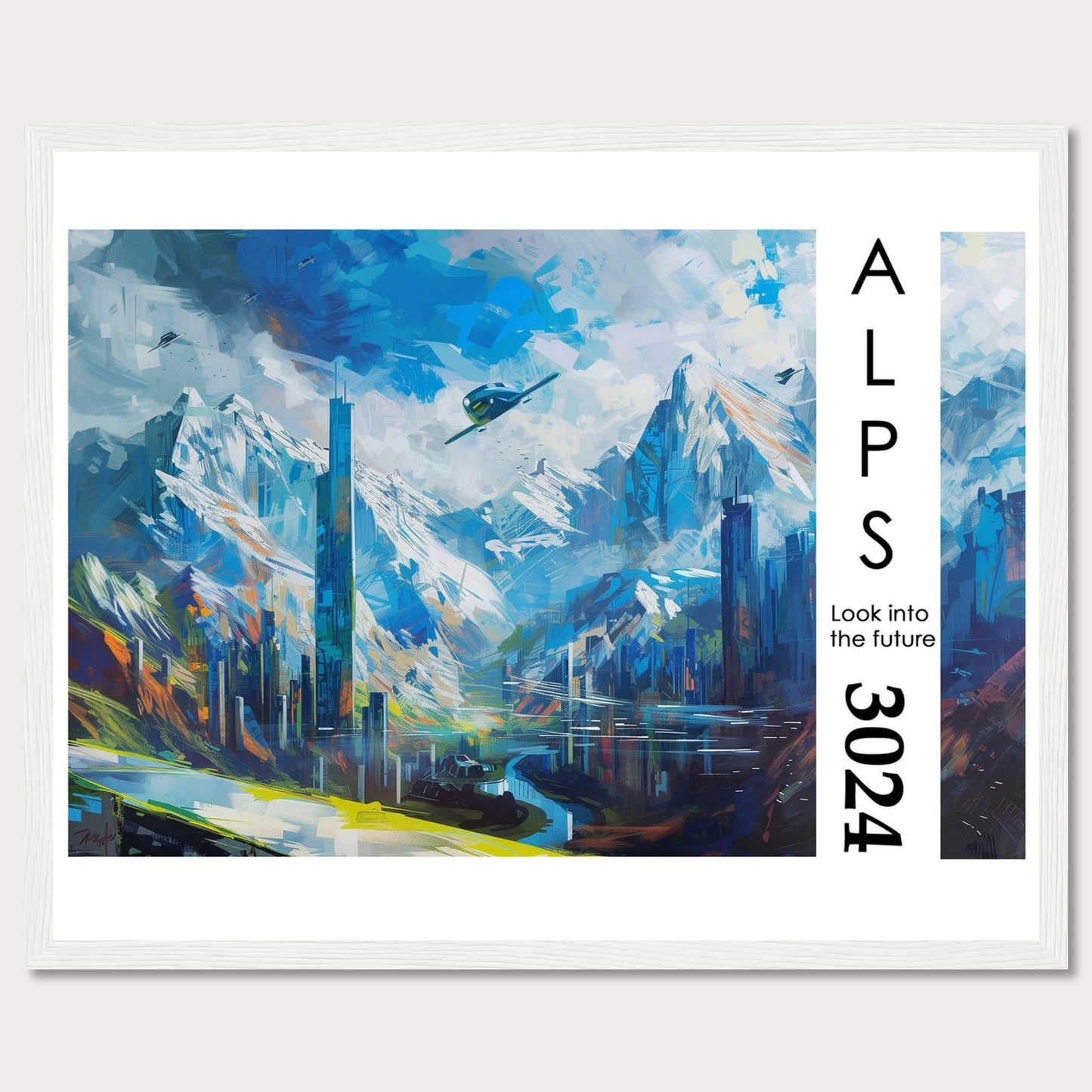 This artwork portrays a futuristic cityscape nestled within the majestic Alps, featuring towering skyscrapers, serene water bodies, and flying vehicles.