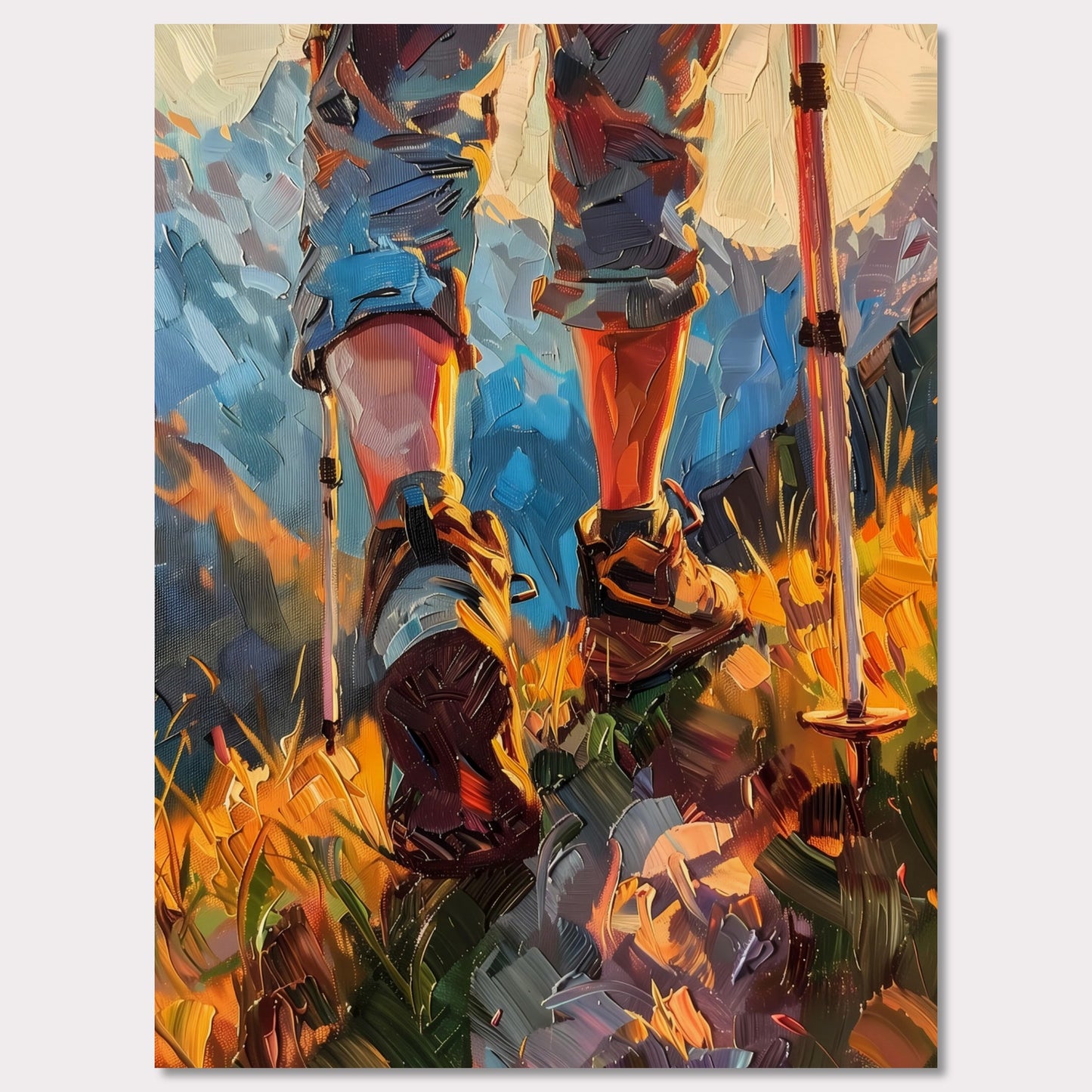 This illustration depicts a hiker's legs and feet as they traverse a vibrant, mountainous landscape. The scene is painted with bold, expressive brushstrokes, emphasizing the dynamic movement and rugged terrain.