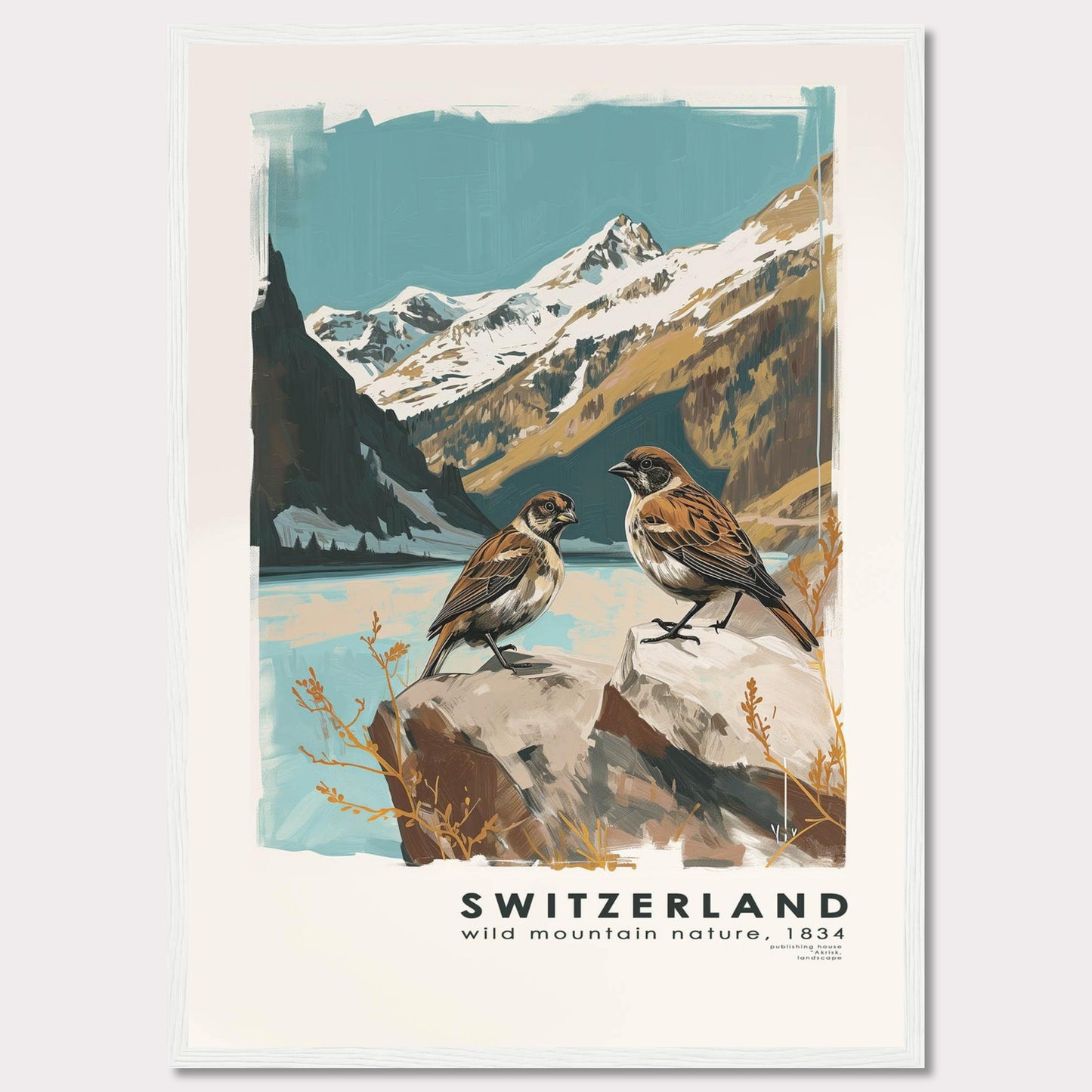 This beautiful illustration captures the serene and majestic nature of Switzerland. Two birds are perched on rocks in the foreground, with a breathtaking backdrop of snow-capped mountains and a tranquil lake.