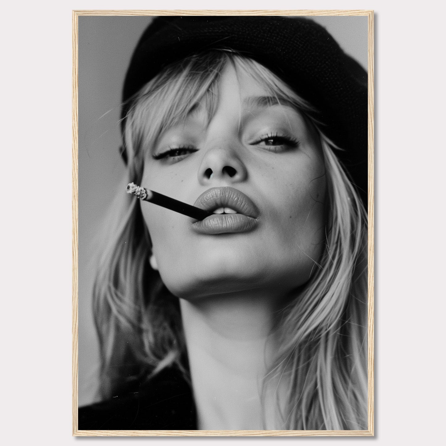 This striking black and white portrait captures a woman with a cigarette between her lips, exuding confidence and allure. Her intense gaze, slightly parted lips, and the casual placement of the cigarette create a bold and edgy aesthetic. The image is framed in a sleek black border, adding to its sophisticated appeal.