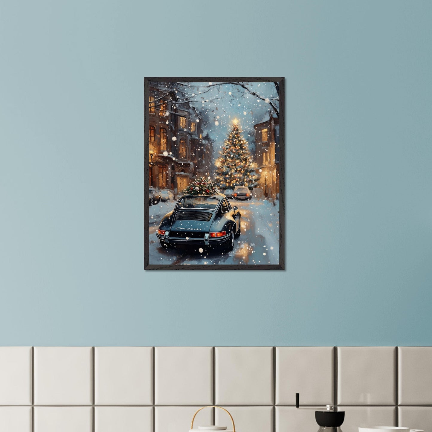 This enchanting poster portrays a snowy Swiss street with a beautifully adorned vintage car carrying a Christmas tree. The softly glowing lights and festive decorations create an atmosphere of joyous holiday anticipation. The combination of timeless cars and seasonal spirit brings a unique charm to this holiday scene.