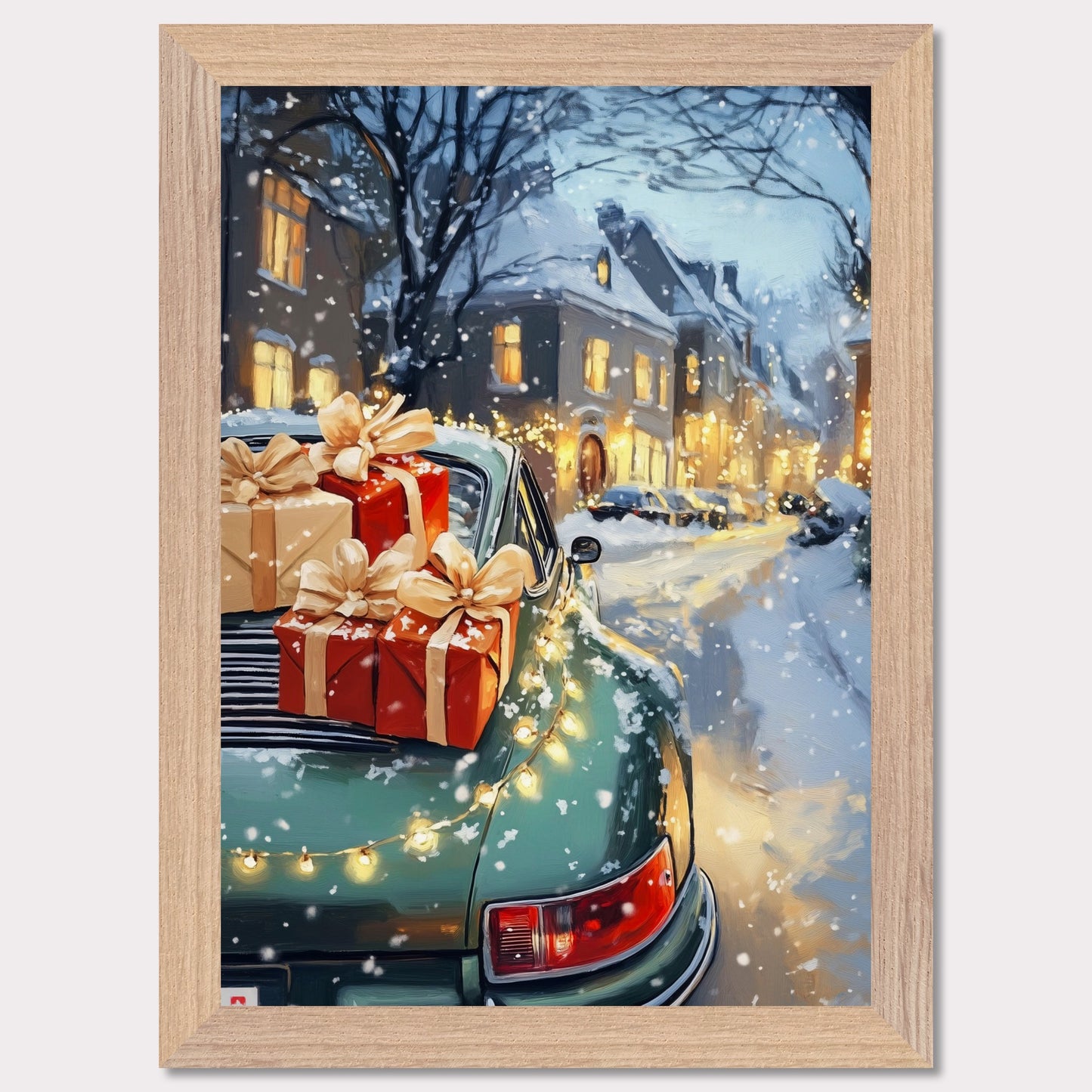 A cozy Christmas scene in Switzerland is captured in this enchanting poster. The focus is a beautiful Christmas tree adorned with lights, set in the heart of a charming town covered in snow. A Porsche, with festive gifts on the roof, adds a touch of luxury to this idyllic winter setting. The vintage typography "Christmas in Switzerland" evokes a sense of nostalgia and warmth, making it the perfect holiday decoration.