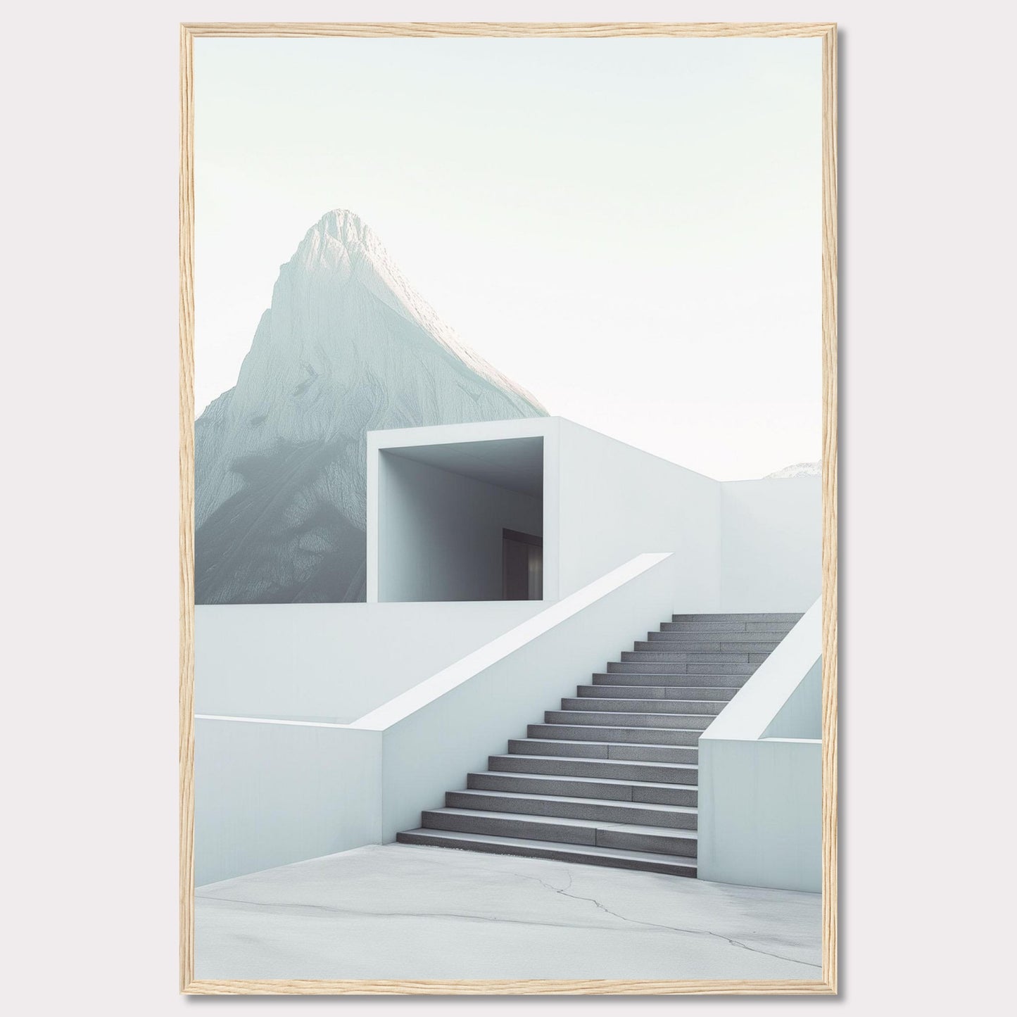 This minimalist artwork features a serene mountain backdrop with a modern architectural staircase leading to a simple, open structure. The clean lines and soft color palette evoke a sense of tranquility and sophistication.