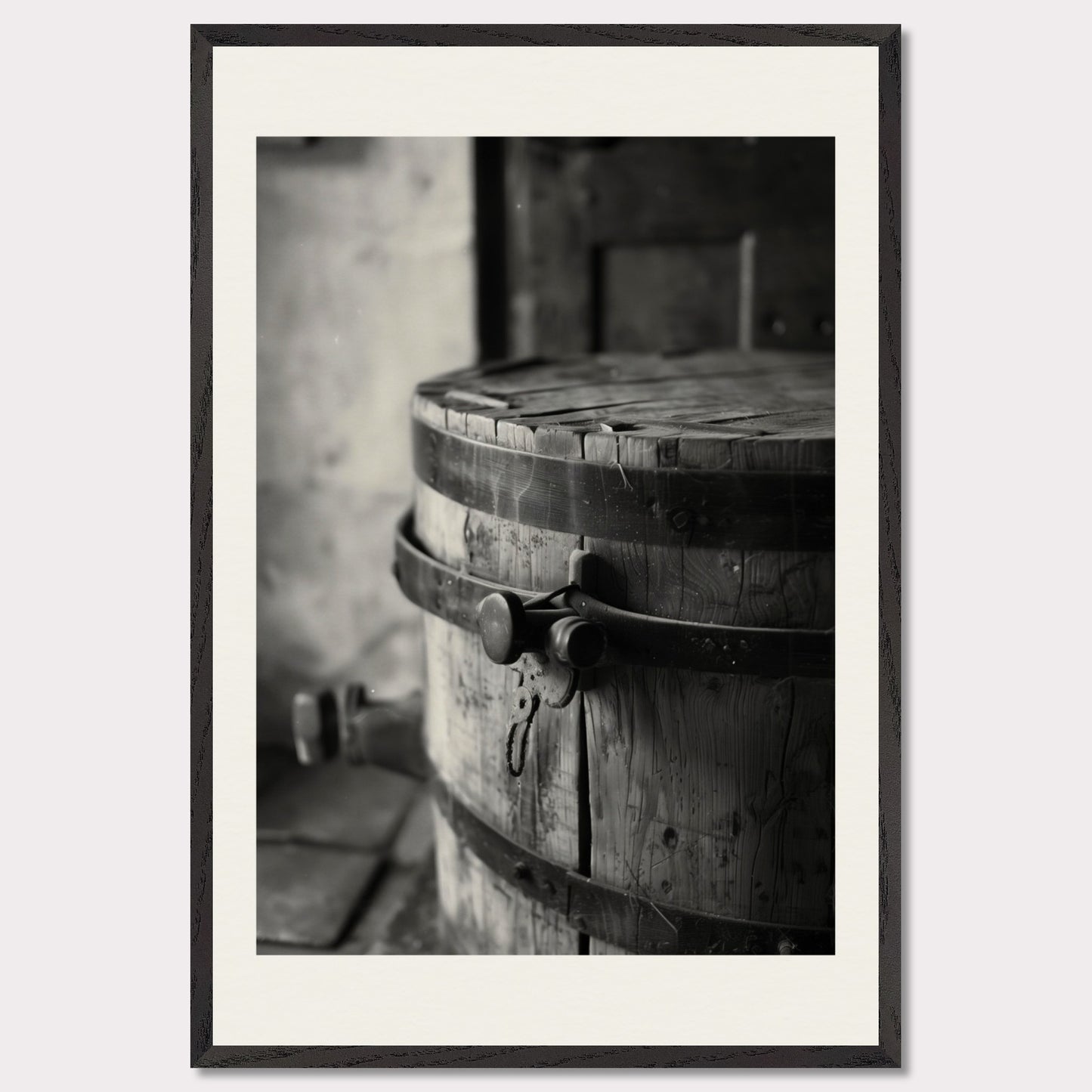 This black and white illustration depicts an old wooden barrel with metal bands, placed in a rustic setting.