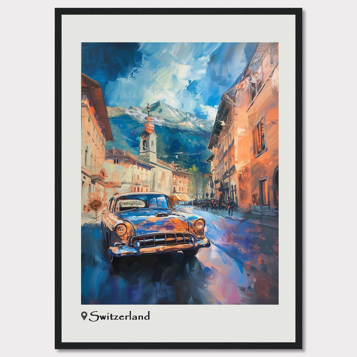 This vibrant painting captures the charm of a Swiss town with a classic car driving through its picturesque streets. The scene is set against a backdrop of majestic mountains under a dynamic sky.