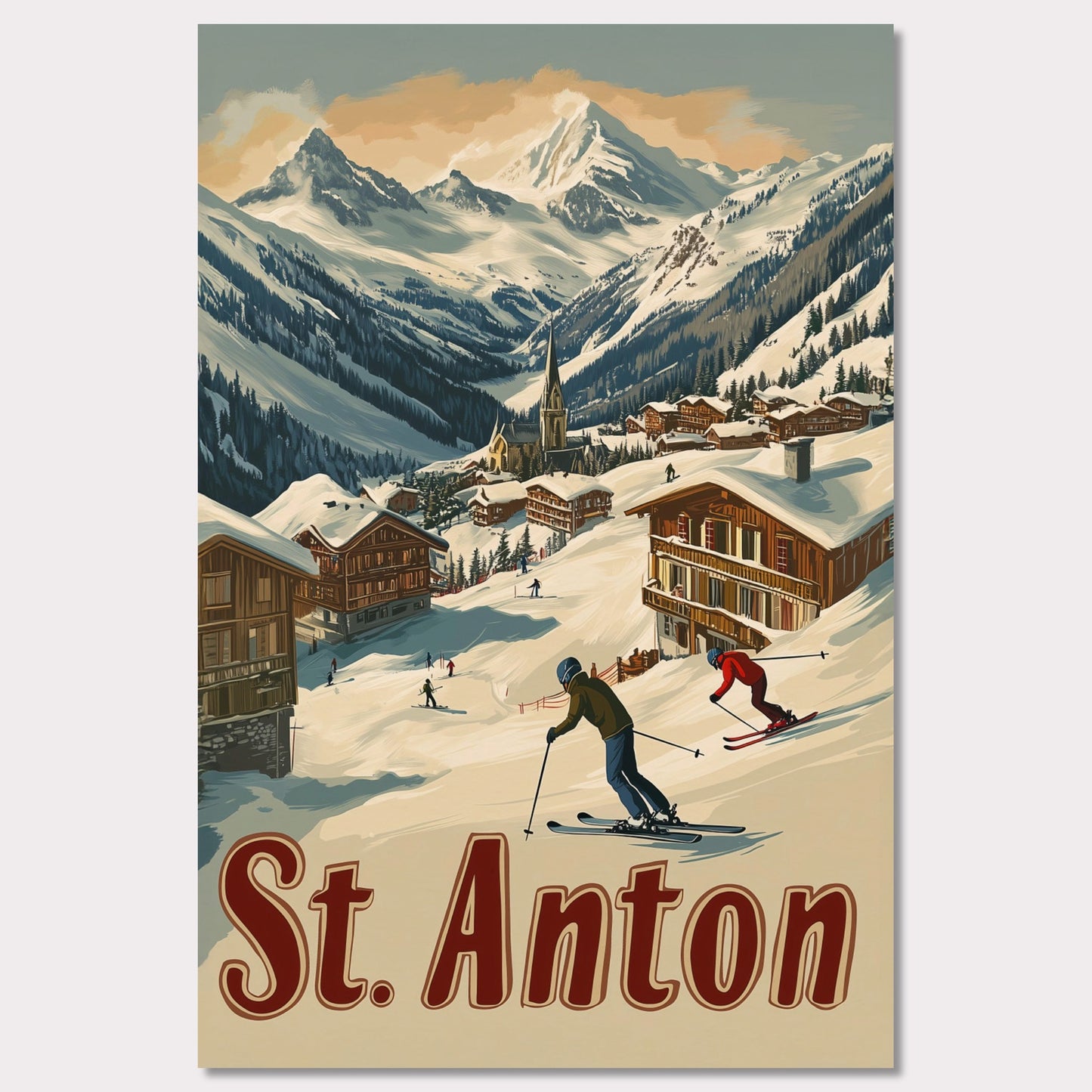 This captivating poster showcases the thrill of skiing in St. Anton, with a group of skiers carving through the fresh powder beneath the dramatic peaks of the Alps. The background features a picturesque village of wooden chalets nestled among the snow, while the rich retro colors and typography emphasize the adventurous spirit of St. Anton as a premier ski destination. The poster evokes both the excitement of the slopes and the warmth of alpine hospitality.