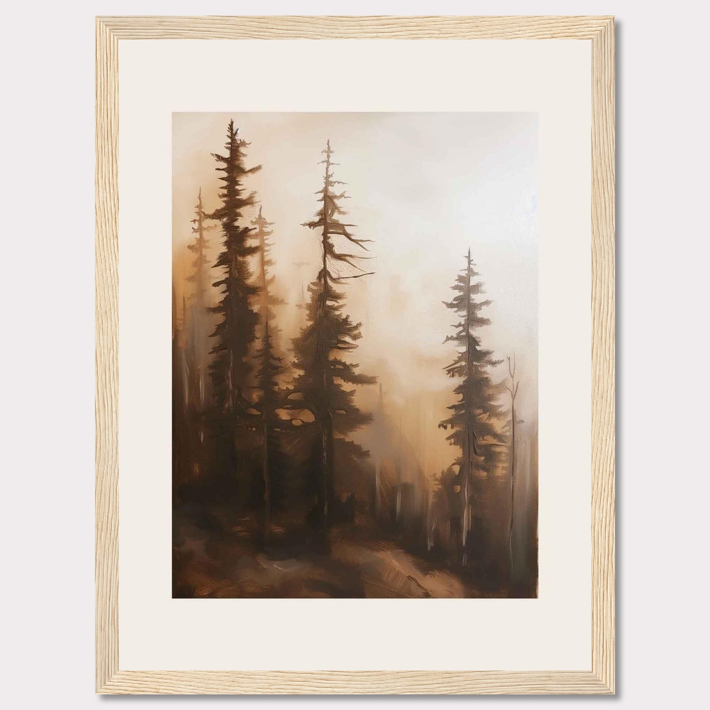 This captivating artwork features a serene forest scene enveloped in mist, evoking a sense of tranquility and mystery. The tall, slender trees stand majestically, their branches reaching out into the foggy atmosphere. The soft, warm hues create a calming ambiance, making it a perfect addition to any living space.