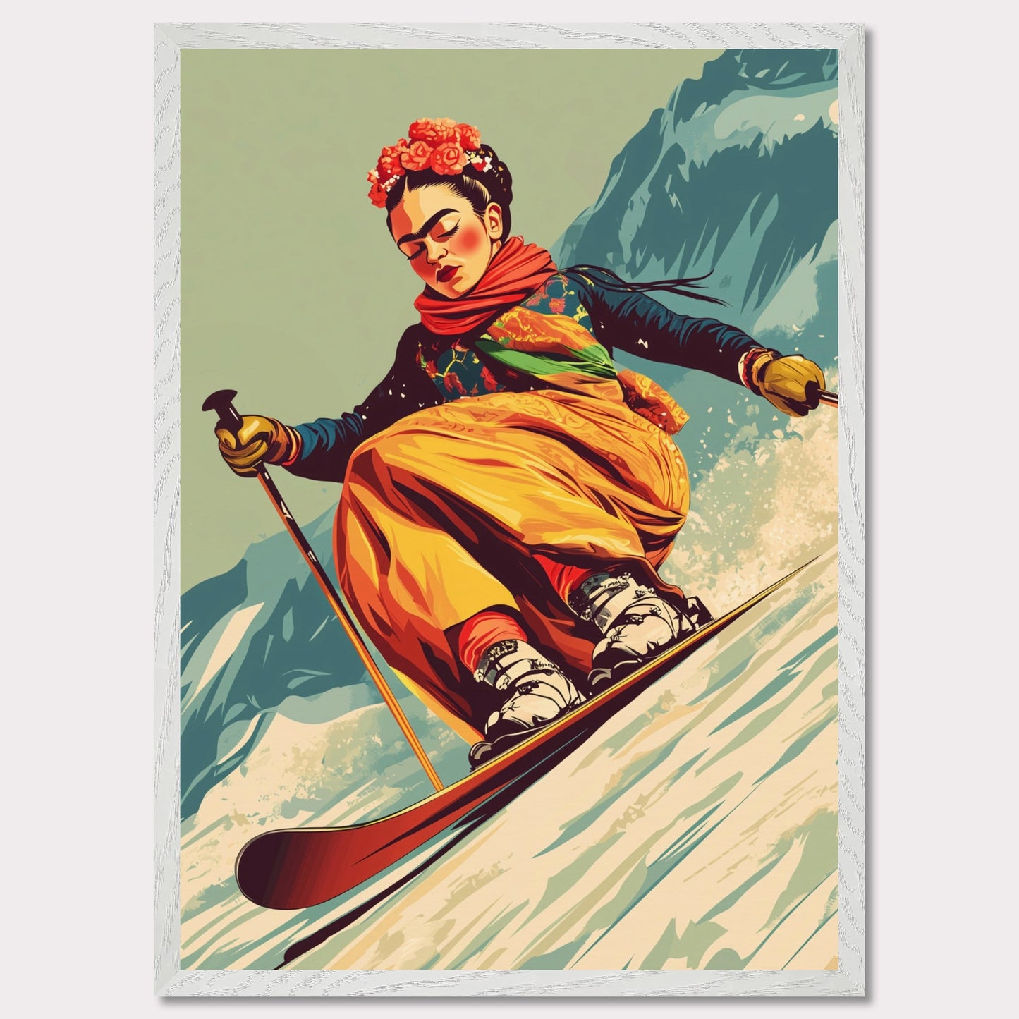 This captivating and artistic poster features Frida Kahlo skiing down a snow-covered slope, embracing both the thrill of winter sports and the vibrancy of her unique style. With a floral crown and colorful attire, Frida brings her creativity and strength to the slopes of the mountains, capturing the harmony between winter adventure and artistic expression. The retro color scheme adds to the vintage charm of the poster, making it a lively and powerful statement piece.