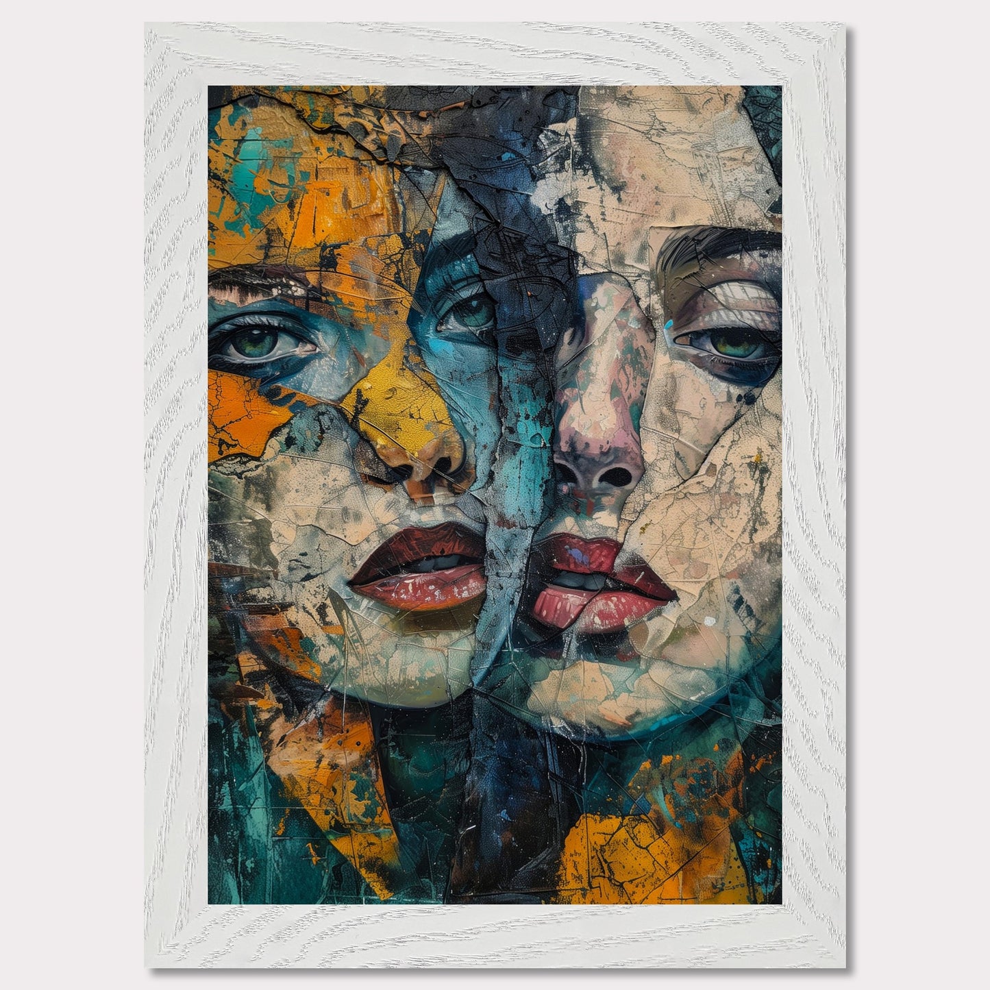 This captivating artwork features two intertwined, abstract faces with a rich blend of colors and textures. The painting exudes a sense of mystery and depth, drawing the viewer into its intricate details.