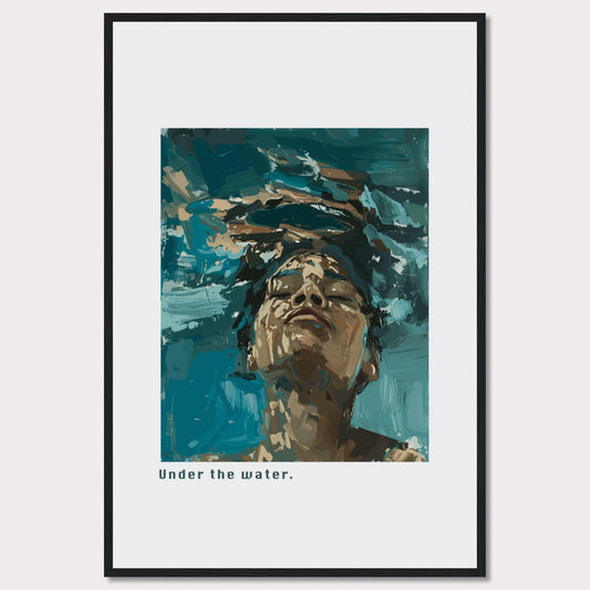 This captivating artwork depicts a serene moment of tranquility and introspection. The image shows a person submerged in water, their face emerging towards the surface, eyes closed in a peaceful expression.