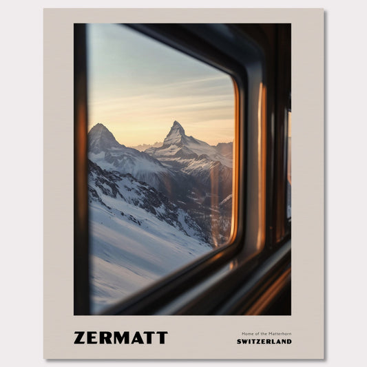 This poster features one of Switzerland’s most iconic symbols – the Matterhorn, proudly rising above the snowy slopes. The view from a train or gondola window creates a travel-like experience, while the soft sunset light adds an enchanting glow to the scenery.