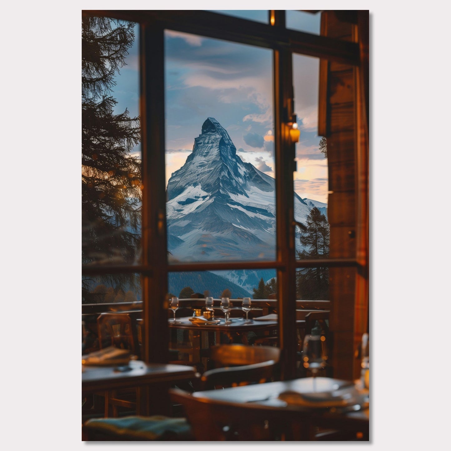 Experience the breathtaking view of a majestic mountain peak through the windows of a cozy restaurant. The scene captures the tranquility and grandeur of nature, inviting you to unwind and savor the moment.