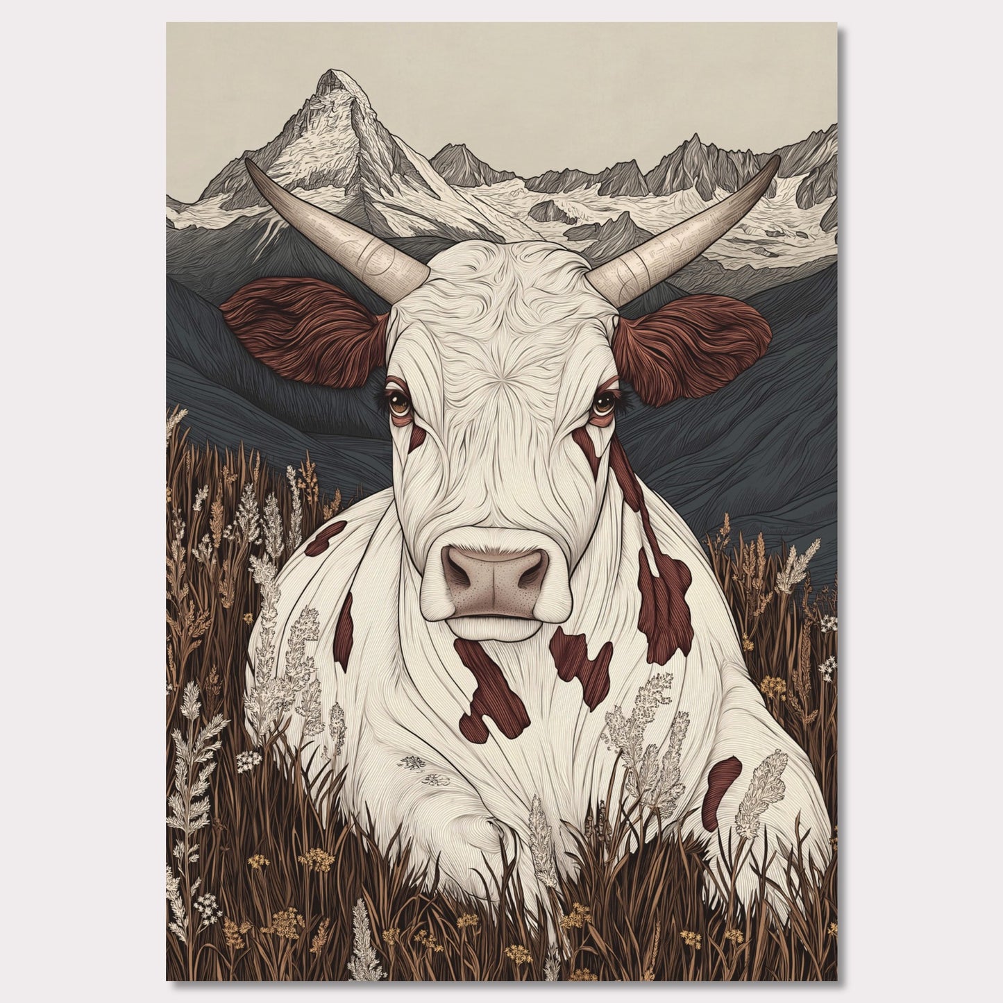 This beautifully detailed poster portrays a tranquil scene of alpine life with a focus on the harmonious connection between nature and animals. A striking cow with intricate features gazes directly at the viewer, creating a sense of intimacy, while the majestic Matterhorn looms in the background. The combination of soft earth tones and delicate linework evokes a rustic yet modern aesthetic.