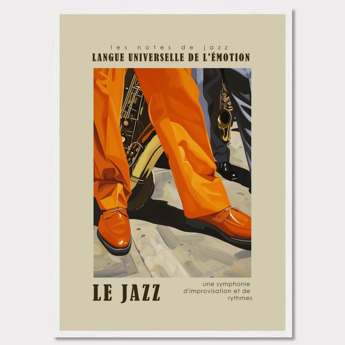 This vibrant poster captures the essence of jazz with its bold colors and dynamic imagery. The scene focuses on the legs and shoes of musicians, emphasizing their lively movements. Brass instruments peek from behind, hinting at the soulful music being played. The text reads "LANGUE UNIVERSELLE DE L'ÉMOTION" and "LE JAZZ," highlighting jazz as a universal language of emotion. The tagline, "une symphonie d'improvisation et de rythmes," describes jazz as a symphony of improvisation and rhythms.