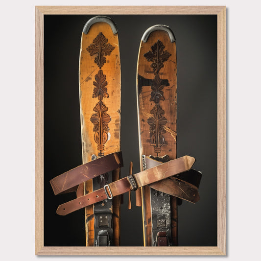 Immerse yourself in the nostalgia of winter sports with this captivating image of vintage wooden skis. These beautifully crafted skis feature intricate carvings and sturdy leather bindings, showcasing the elegance and durability of traditional ski equipment. The worn texture tells a story of countless adventures on snowy slopes. Perfect for ski enthusiasts and lovers of vintage decor alike.