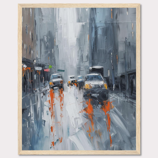 This captivating painting portrays a rainy city street with cars and buildings enveloped in a misty atmosphere. The artist uses bold brushstrokes and a muted color palette with pops of orange to depict the bustling urban scene.