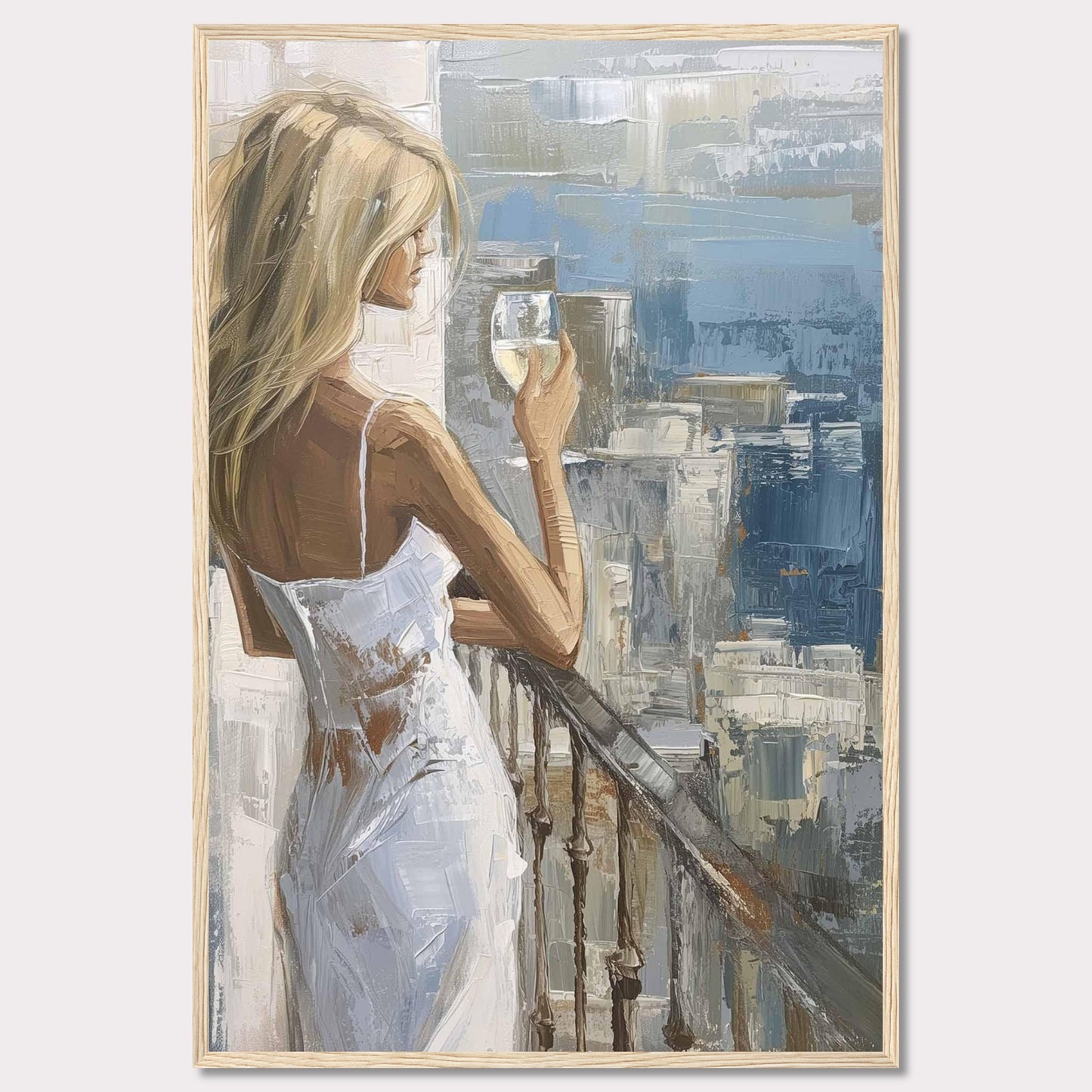 This painting depicts a serene moment where a woman, dressed in a white dress, stands on a balcony holding a glass of wine. The background features an impressionistic cityscape with various shades of blue and gray.