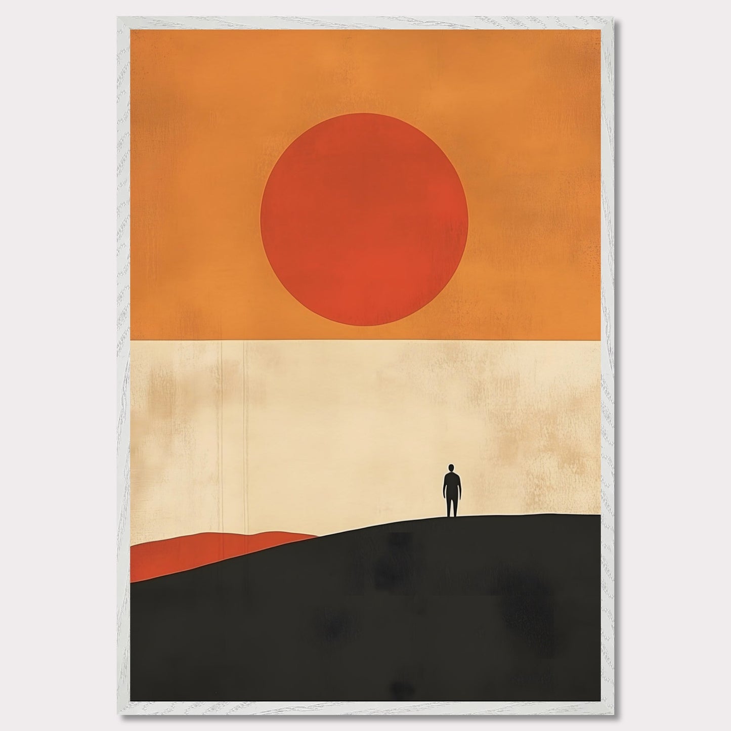 A striking minimalist artwork that conveys a sense of isolation and reflection. A lone figure stands on a hill under an oversized sun, evoking themes of wanderlust, contemplation, and the vastness of the world. The warm tones and simple composition give it a timeless, meditative feel.