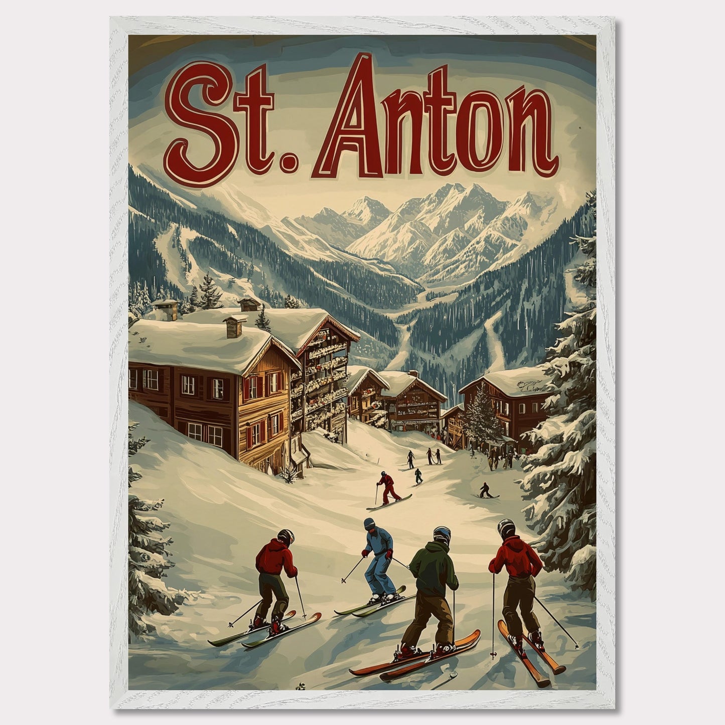 This stunning vintage-inspired poster depicts the idyllic town of St. Anton nestled beneath towering snow-capped peaks. The ski slopes are alive with activity, with skiers descending toward the charming wooden chalets. The warm hues in the sky add a sense of tranquility to the winter landscape, while the retro typography and art style transport the viewer to a time when winter holidays in the Alps were the height of elegance and adventure.