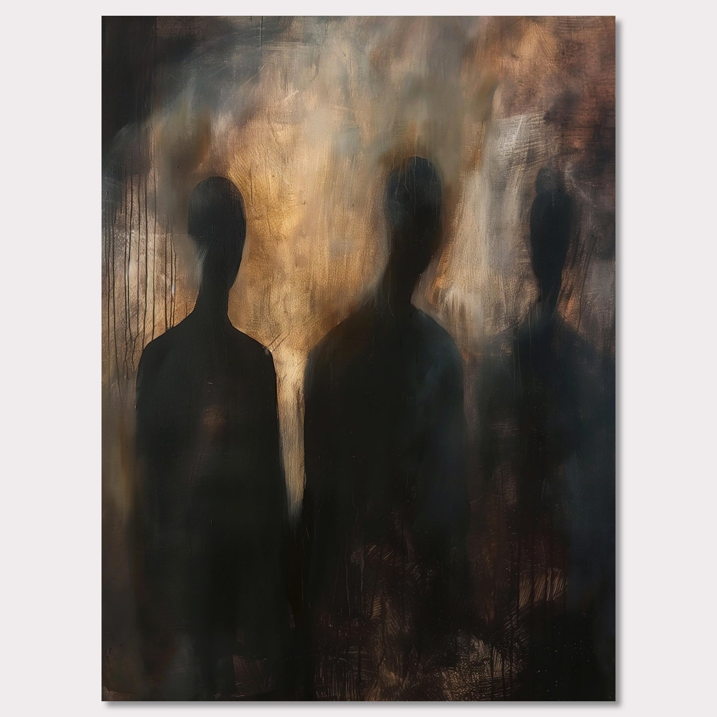 This evocative painting features three shadowy figures set against a smoky, abstract background. The use of dark and muted tones creates a mysterious and haunting atmosphere, inviting viewers to contemplate the unknown. The blending of colors and indistinct forms evoke emotions of intrigue and curiosity.